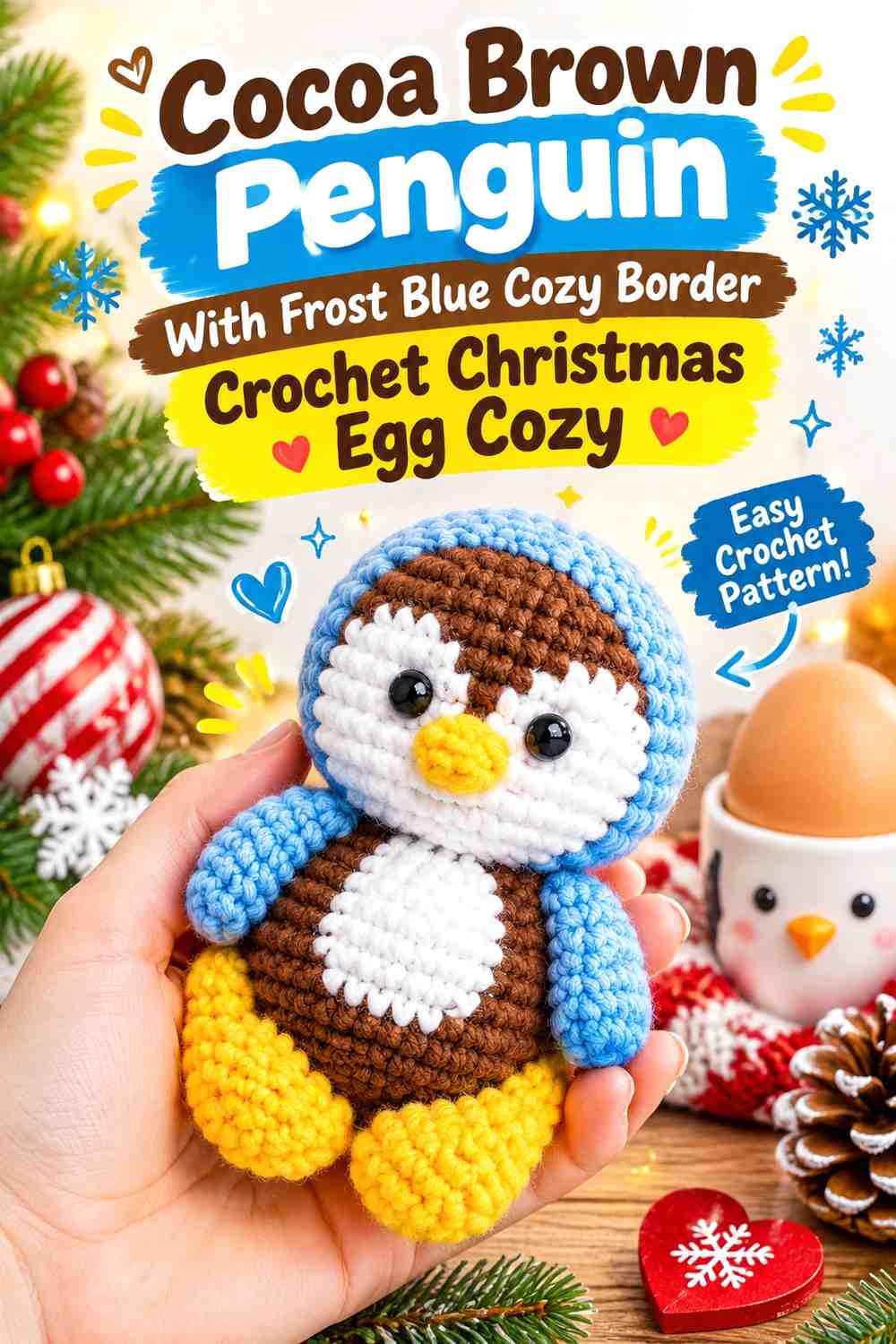 Cocoa Brown Penguin With Frost Blue Cozy Border Crochet Christmas Egg Cozy