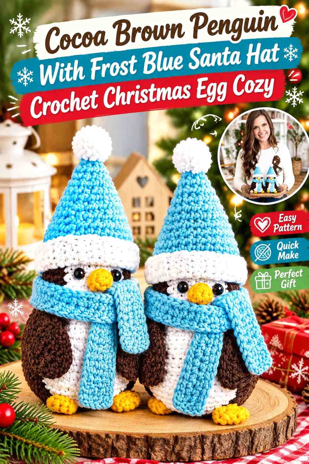 Cocoa Brown Penguin With Frost Blue Santa Hat Crochet Christmas Egg Cozy