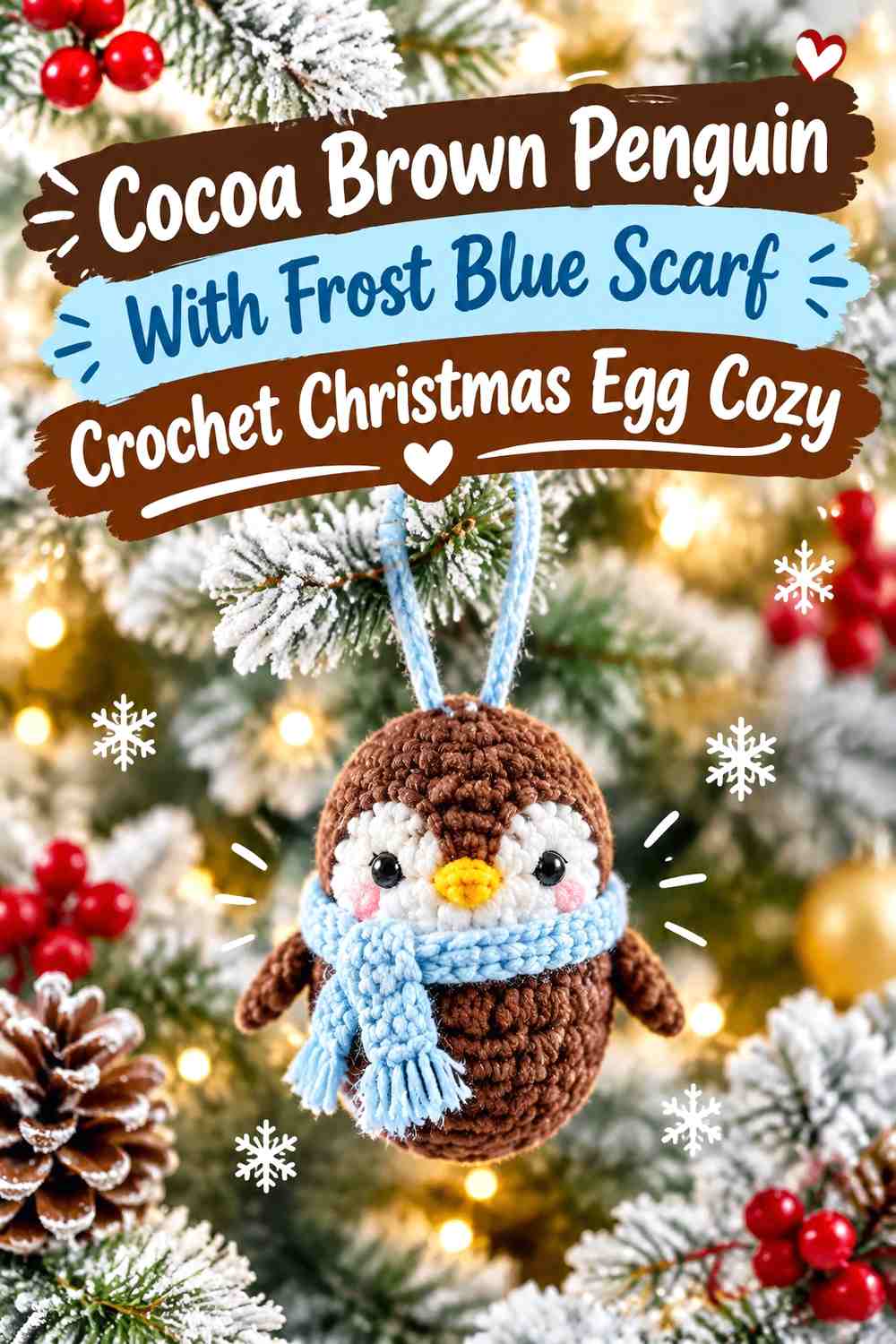 Cocoa Brown Penguin With Frost Blue Scarf Crochet Christmas Egg Cozy