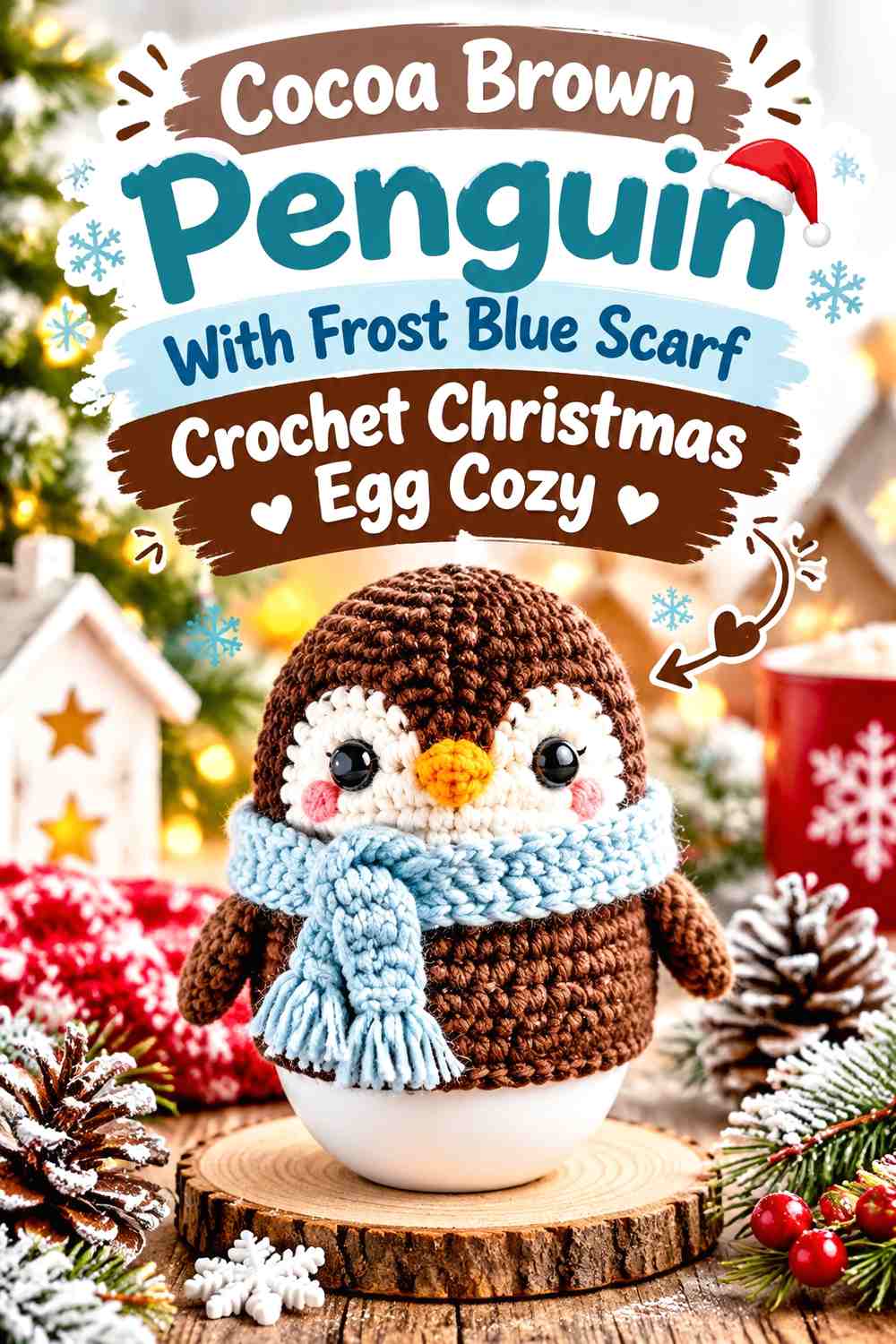 Cocoa Brown Penguin With Frost Blue Scarf Crochet Christmas Egg Cozy