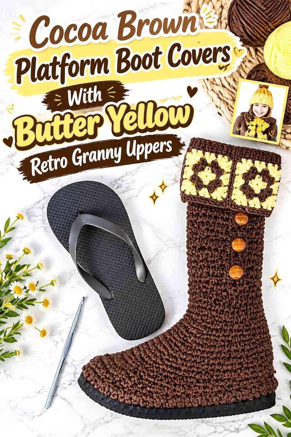 Cocoa Brown Platform Boot Covers With Butter Yellow Retro Granny Uppers