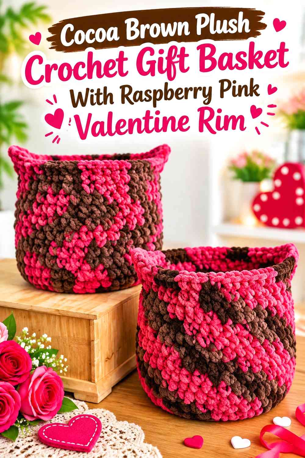 Cocoa Brown Plush Crochet Gift Basket With Raspberry Pink Valentine Rim