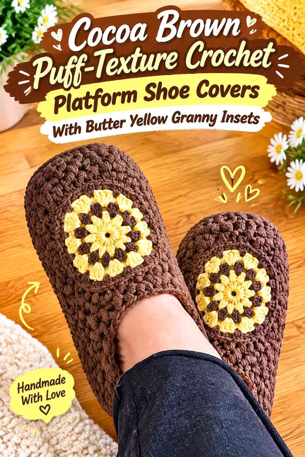 Cocoa Brown Puff-Texture Crochet Platform Shoe Covers With Butter Yellow Granny Insets