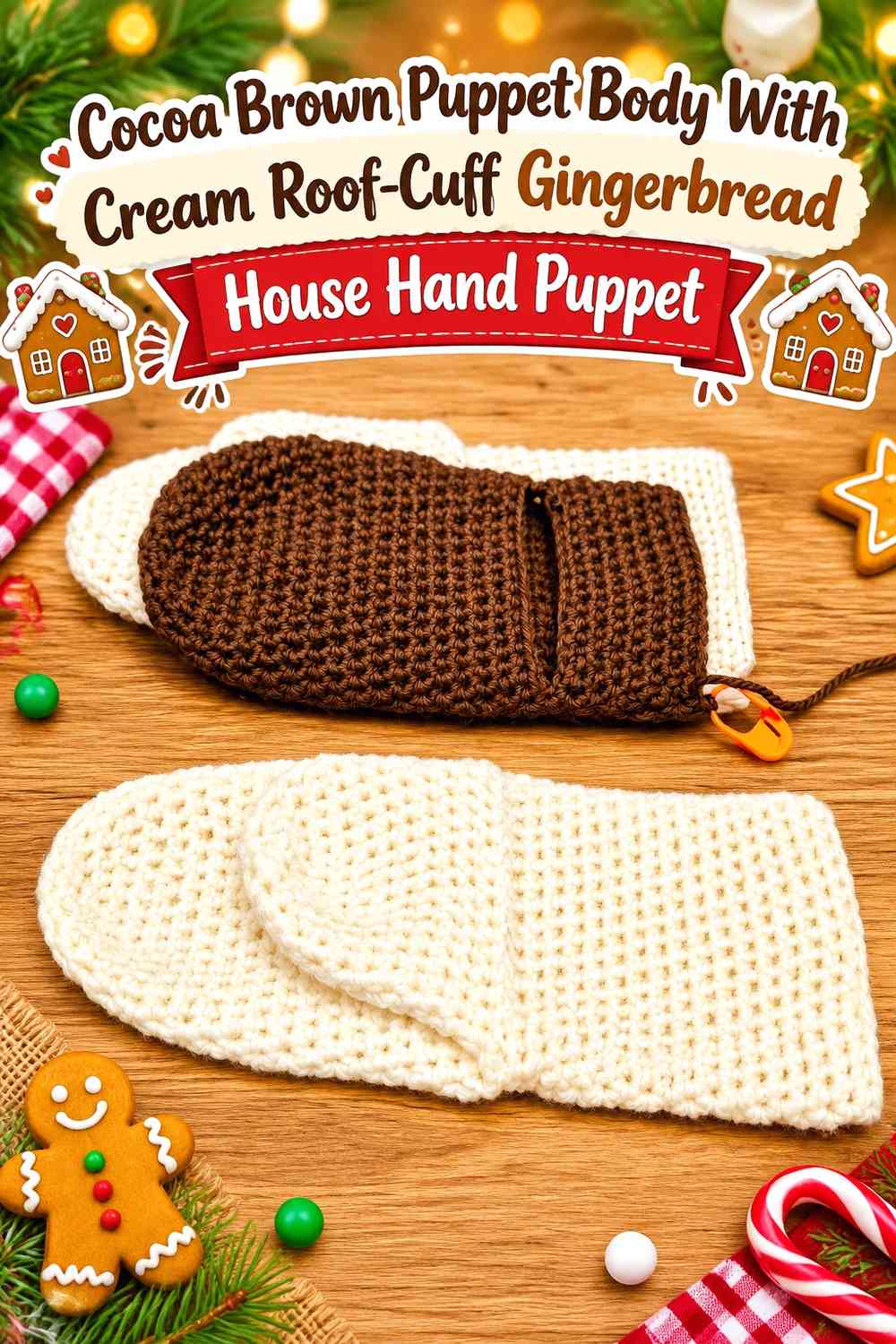 Cocoa Brown Puppet Body With Cream Roof-Cuff Gingerbread House Hand Puppet