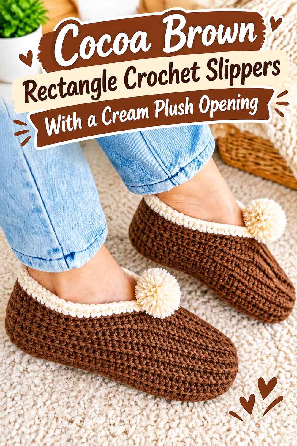 Cocoa Brown Rectangle Crochet Slippers With a Cream Plush Opening