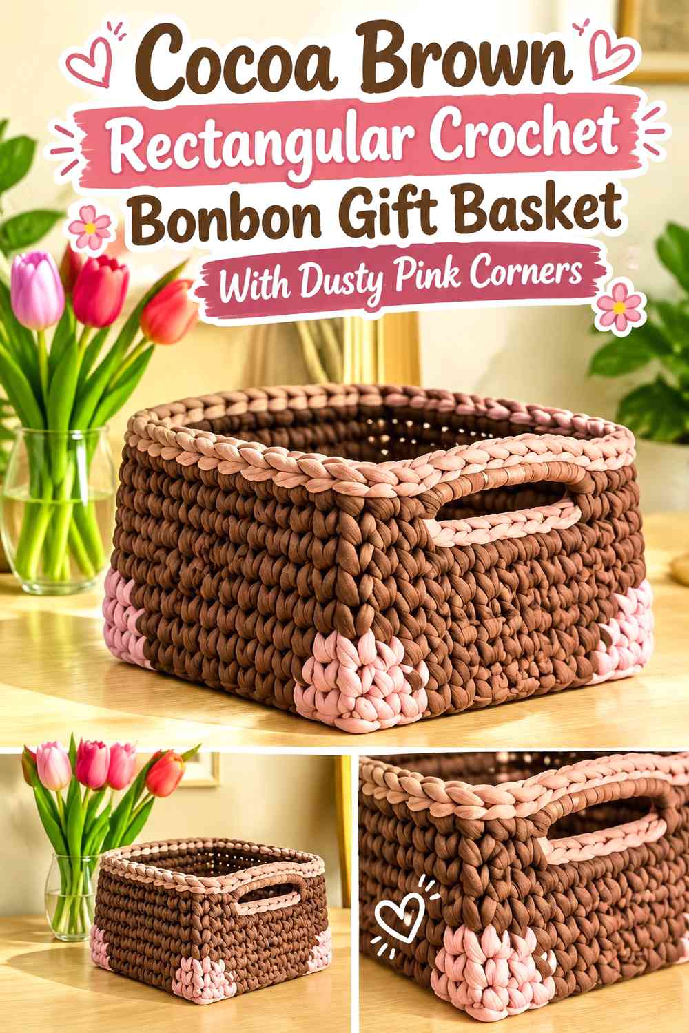 Cocoa Brown Rectangular Crochet Bonbon Gift Basket With Dusty Pink Corners