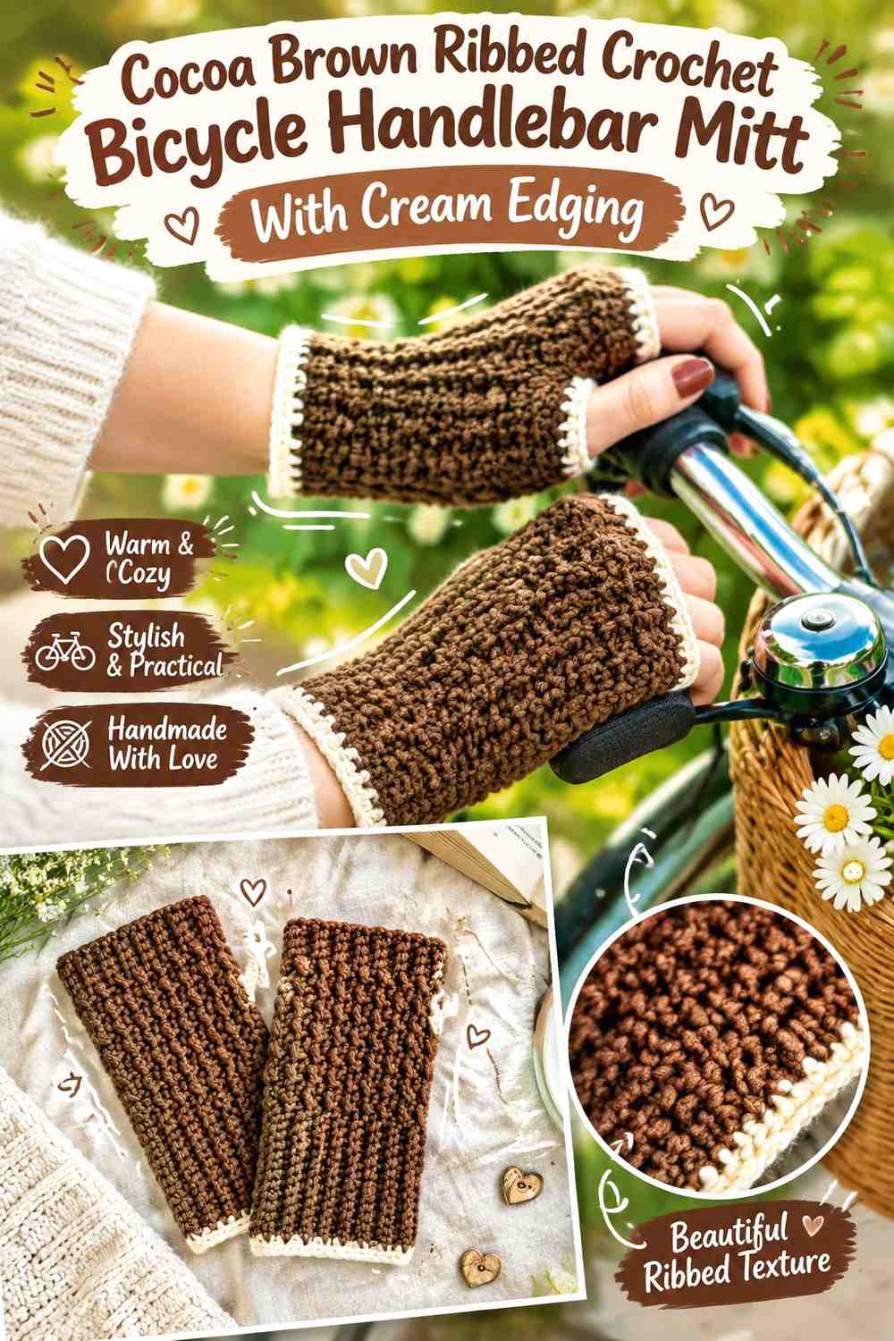 Cocoa Brown Ribbed Crochet Bicycle Handlebar Mitt With Cream Edging