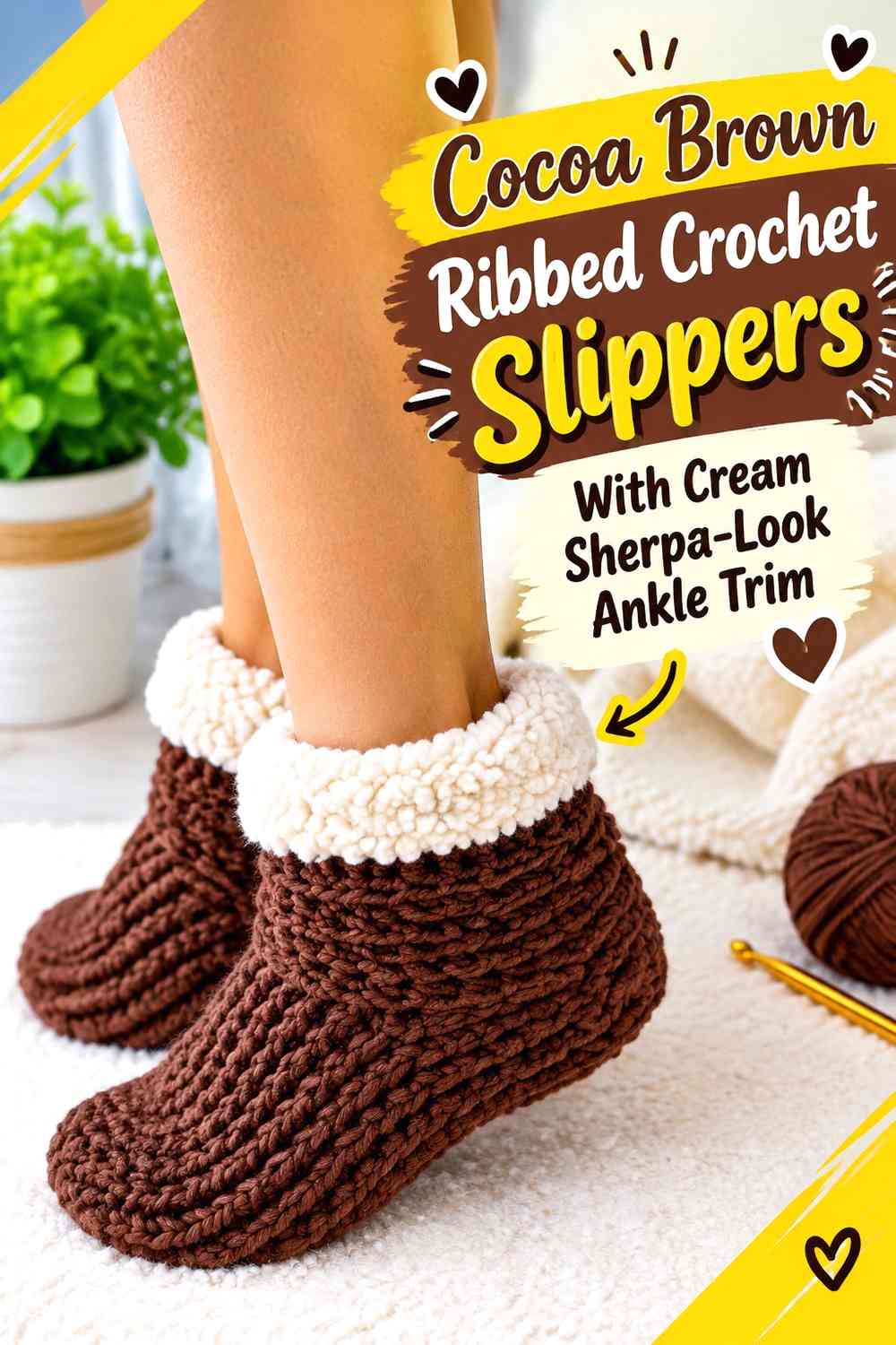 Cocoa Brown Ribbed Crochet Slippers With Cream Sherpa-Look Ankle Trim