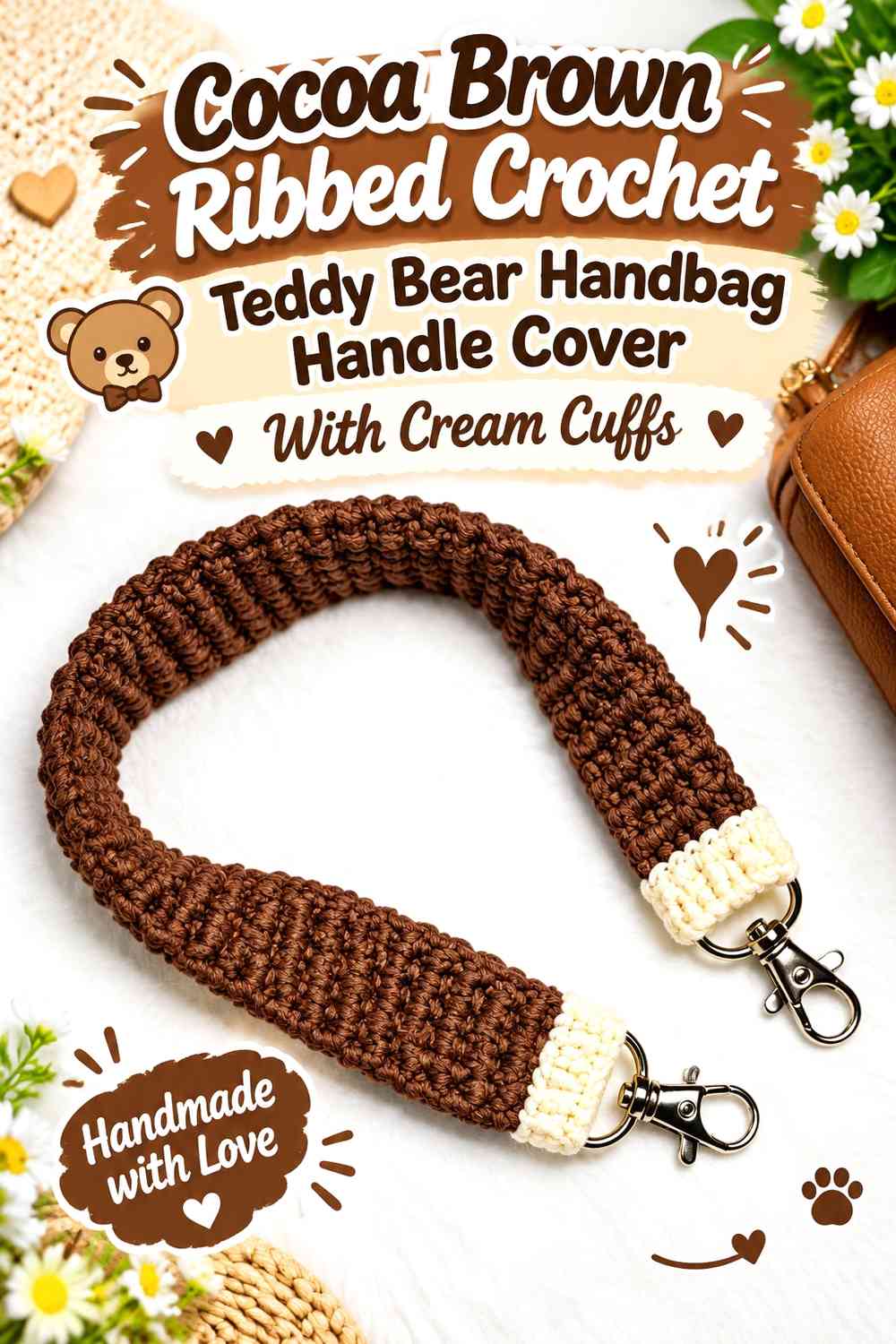 Cocoa Brown Ribbed Crochet Teddy Bear Handbag Handle Cover With Cream Cuffs
