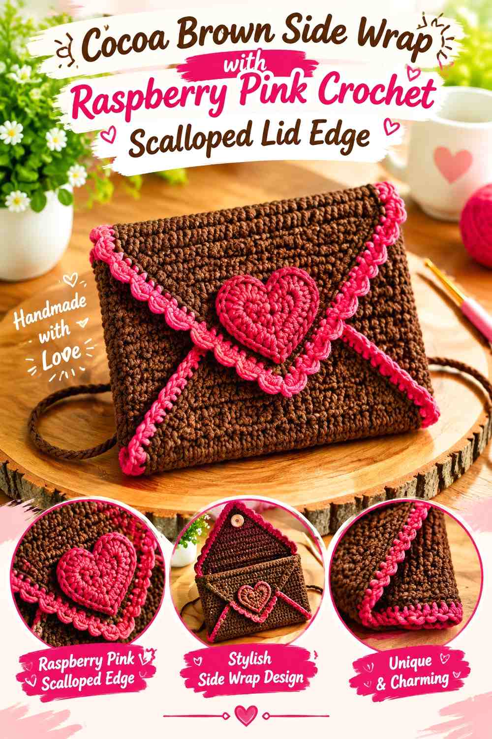 Cocoa Brown Side Wrap with Raspberry Pink Crochet Scalloped Lid Edge