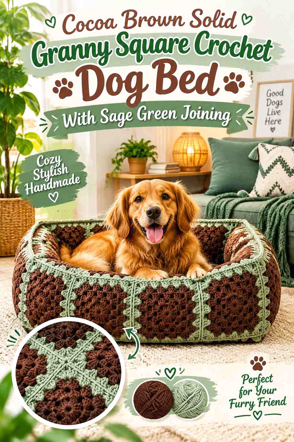 Cocoa Brown Solid Granny Square Crochet Dog Bed With Sage Green Joining