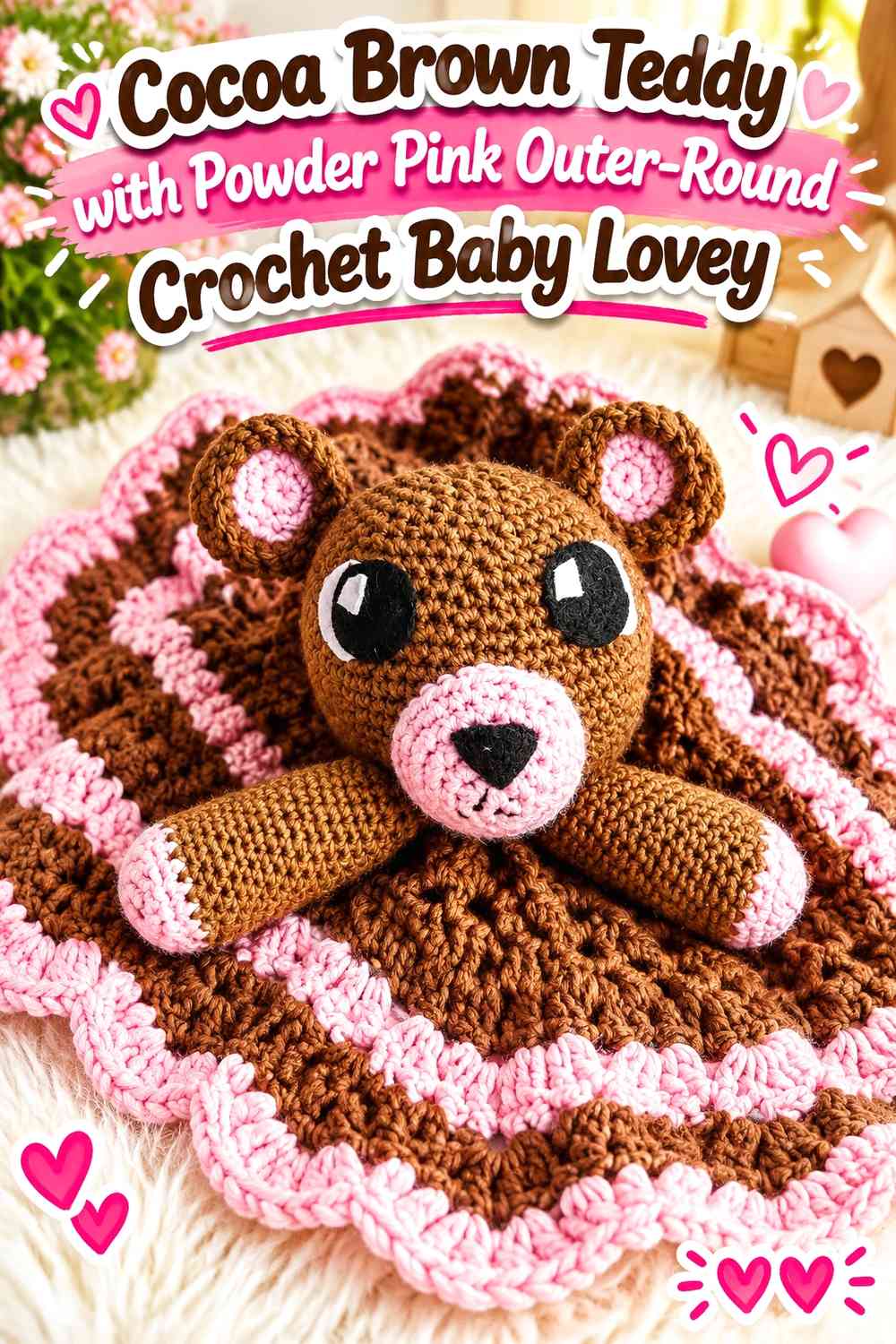Cocoa Brown Teddy with Powder Pink Outer-Round Crochet Baby Lovey