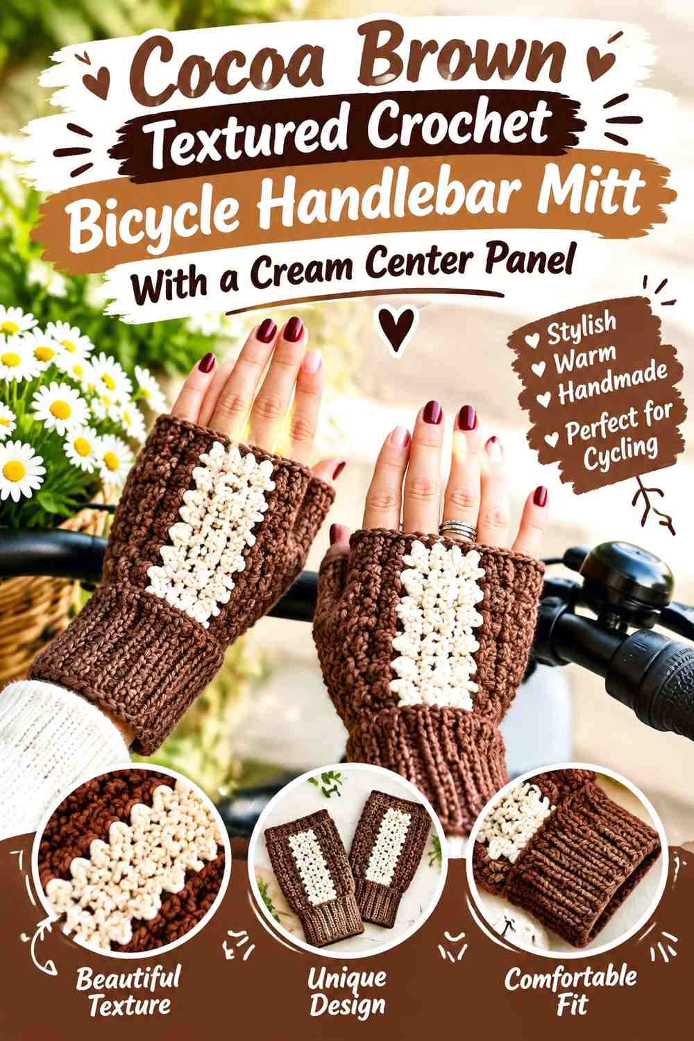 Cocoa Brown Textured Crochet Bicycle Handlebar Mitt With a Cream Center Panel