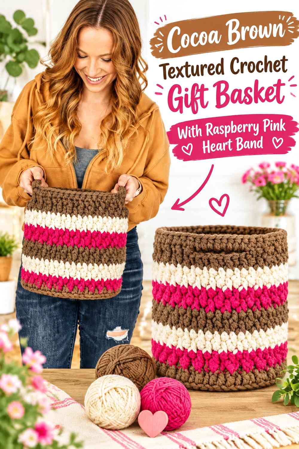 Cocoa Brown Textured Crochet Gift Basket With Raspberry Pink Heart Band