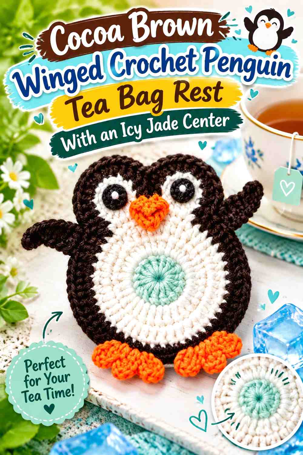 Cocoa Brown Winged Crochet Penguin Tea Bag Rest With an Icy Jade Center