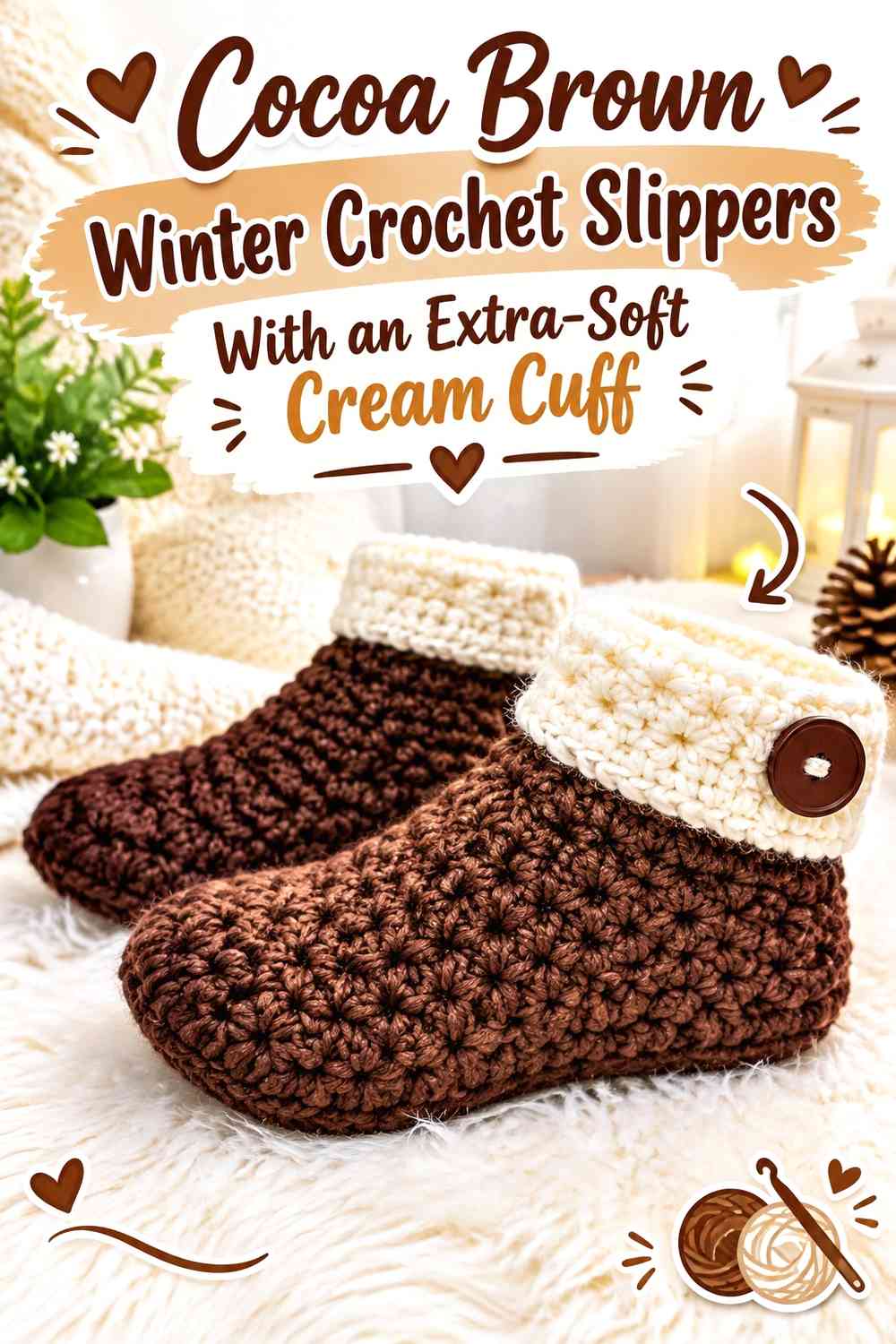 Cocoa Brown Winter Crochet Slippers With an Extra-Soft Cream Cuff