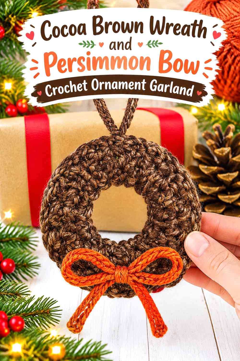 Cocoa Brown Wreath and Persimmon Bow Crochet Ornament Garland