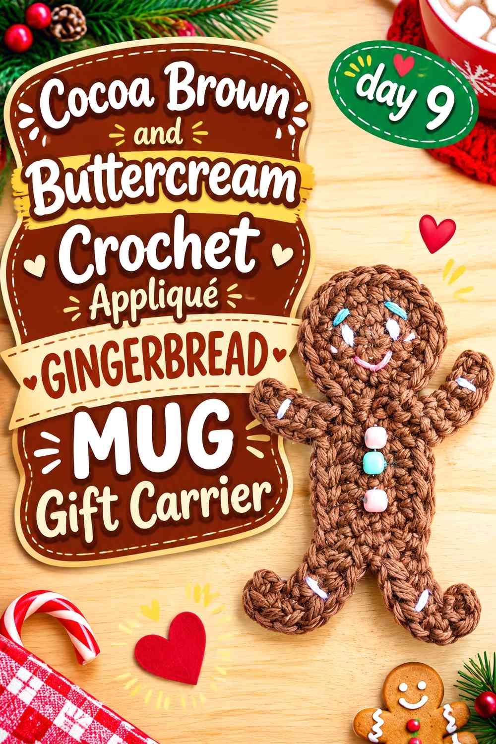Cocoa Brown and Buttercream Crochet Appliqué Gingerbread Mug Gift Carrier