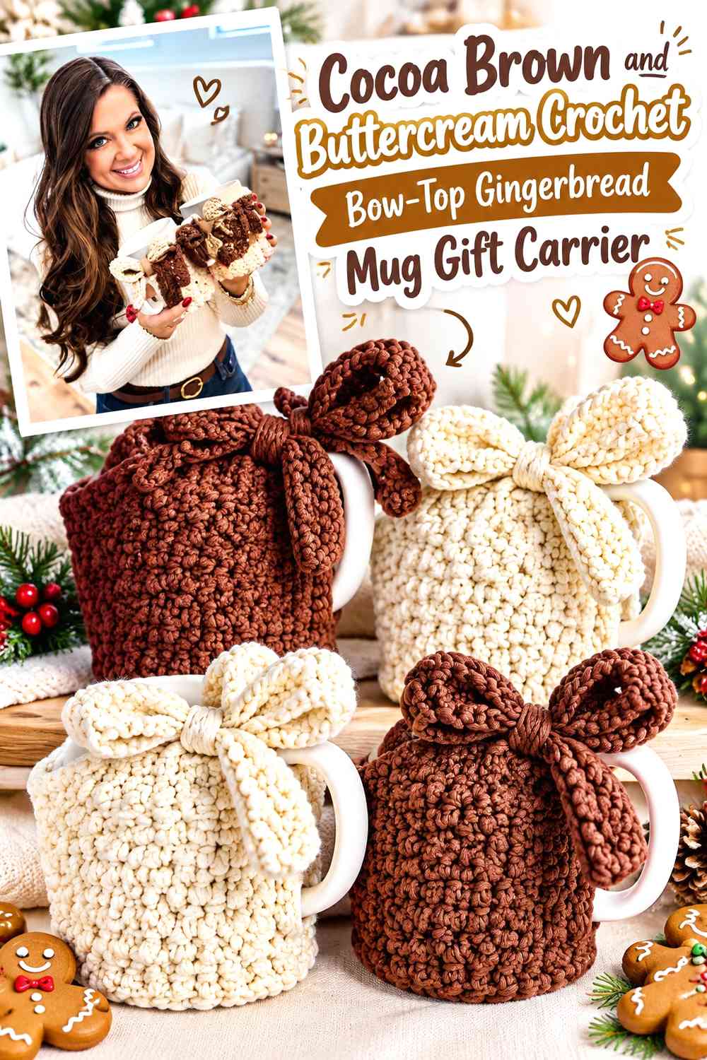 Cocoa Brown and Buttercream Crochet Bow-Top Gingerbread Mug Gift Carrier