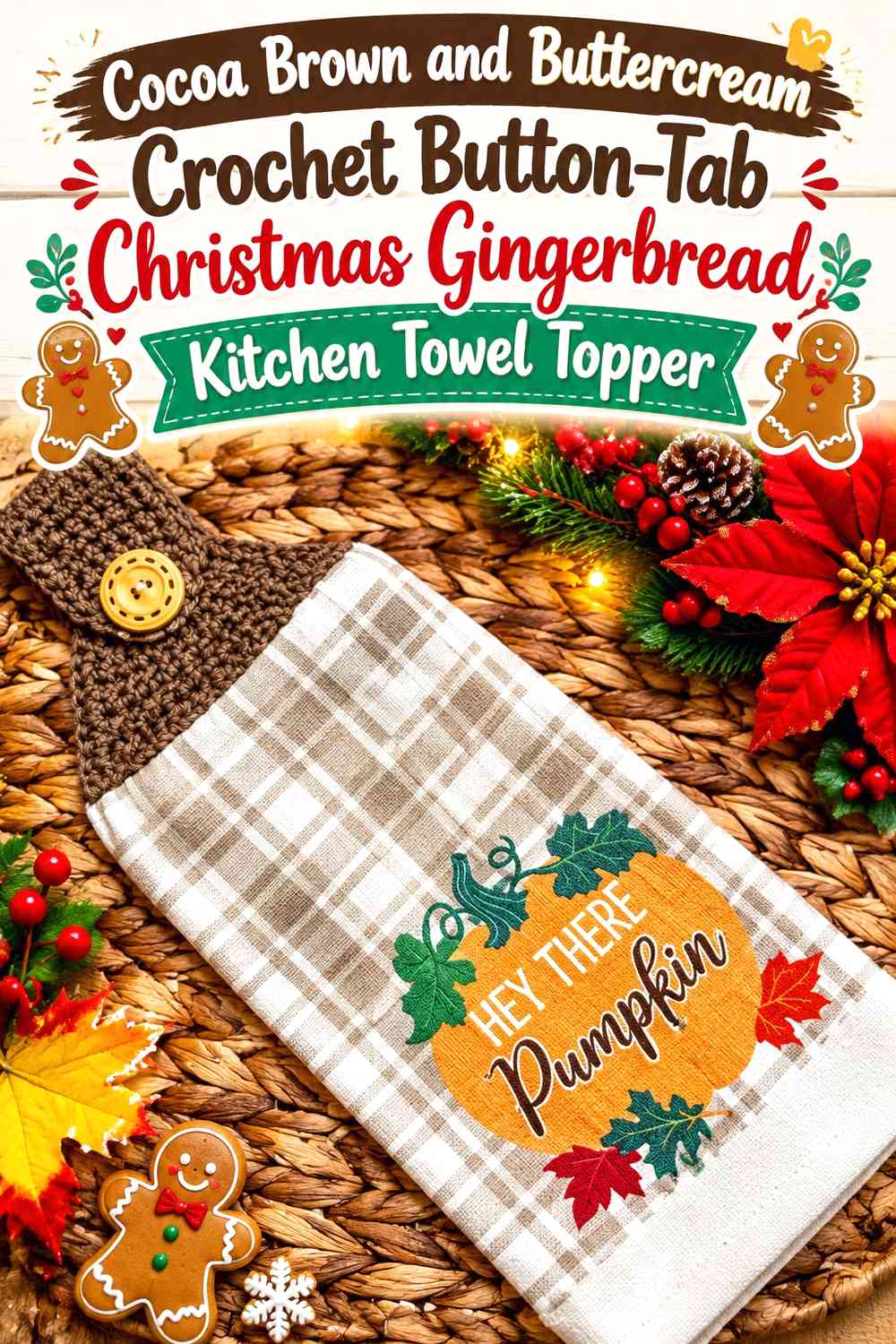 Cocoa Brown and Buttercream Crochet Button-Tab Christmas Gingerbread Kitchen Towel Topper