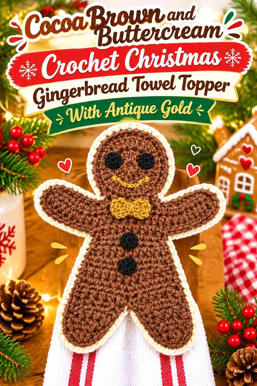 Cocoa Brown and Buttercream Crochet Christmas Gingerbread Towel Topper With Antique Gold
