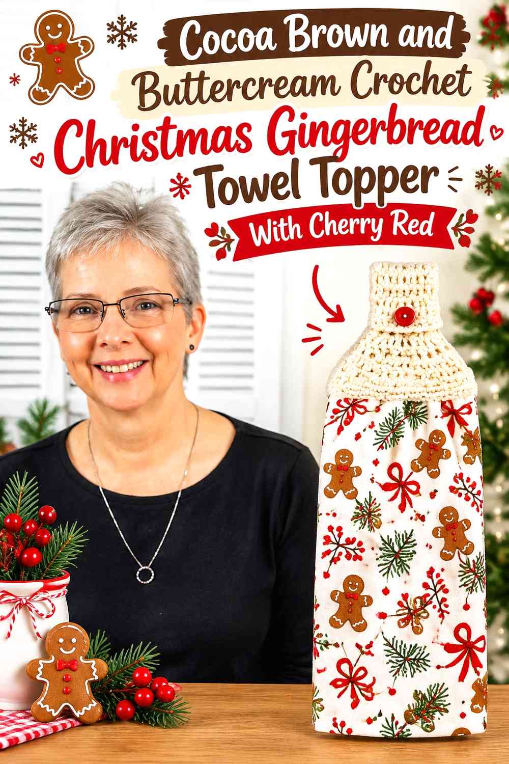 Cocoa Brown and Buttercream Crochet Christmas Gingerbread Towel Topper With Cherry Red