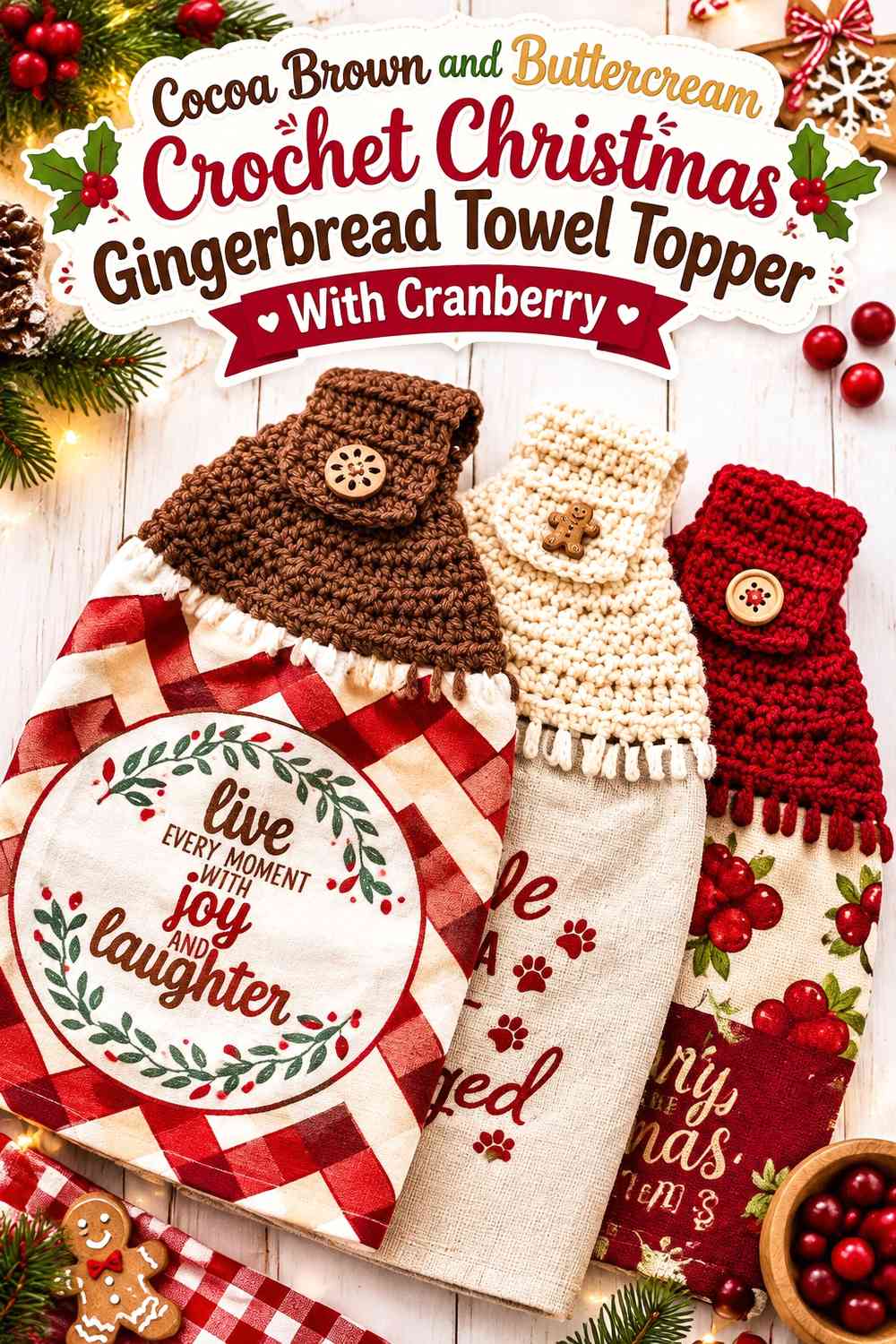 Cocoa Brown and Buttercream Crochet Christmas Gingerbread Towel Topper With Cranberry