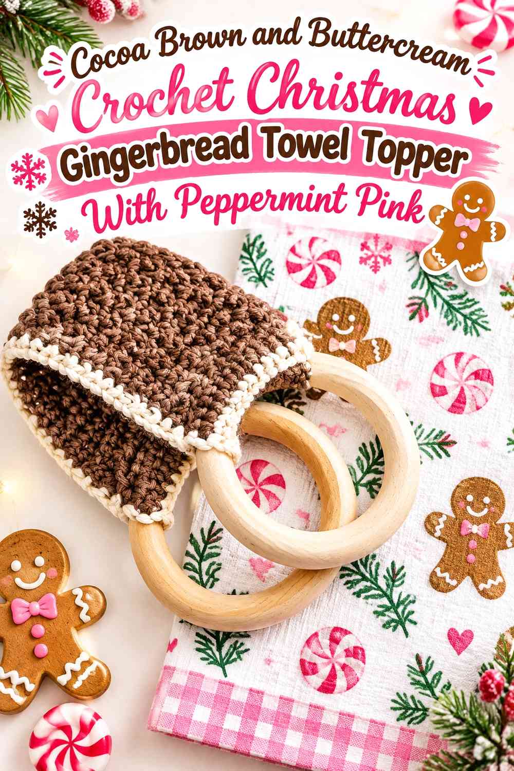 Cocoa Brown and Buttercream Crochet Christmas Gingerbread Towel Topper With Peppermint Pink