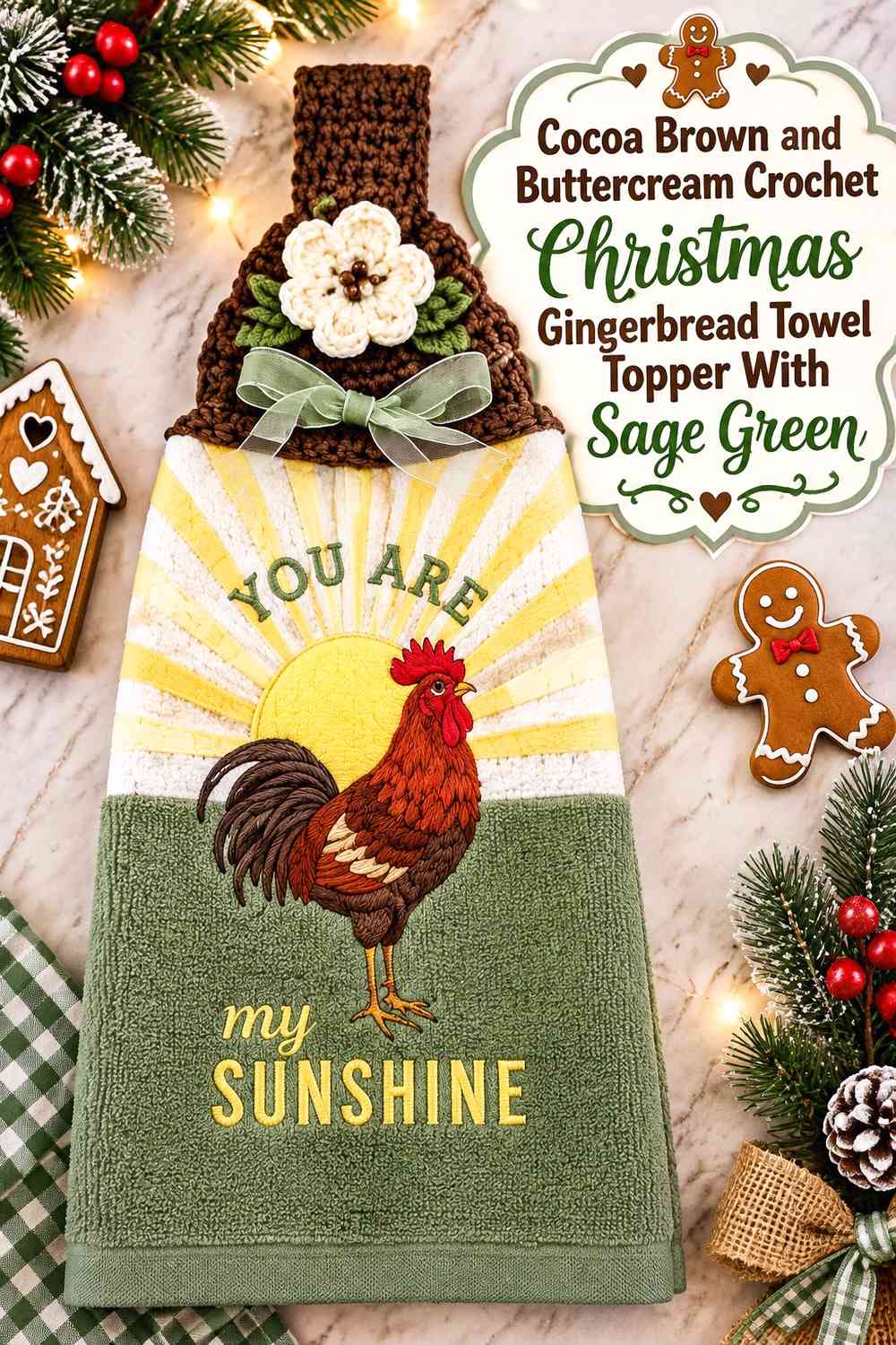 Cocoa Brown and Buttercream Crochet Christmas Gingerbread Towel Topper With Sage Green