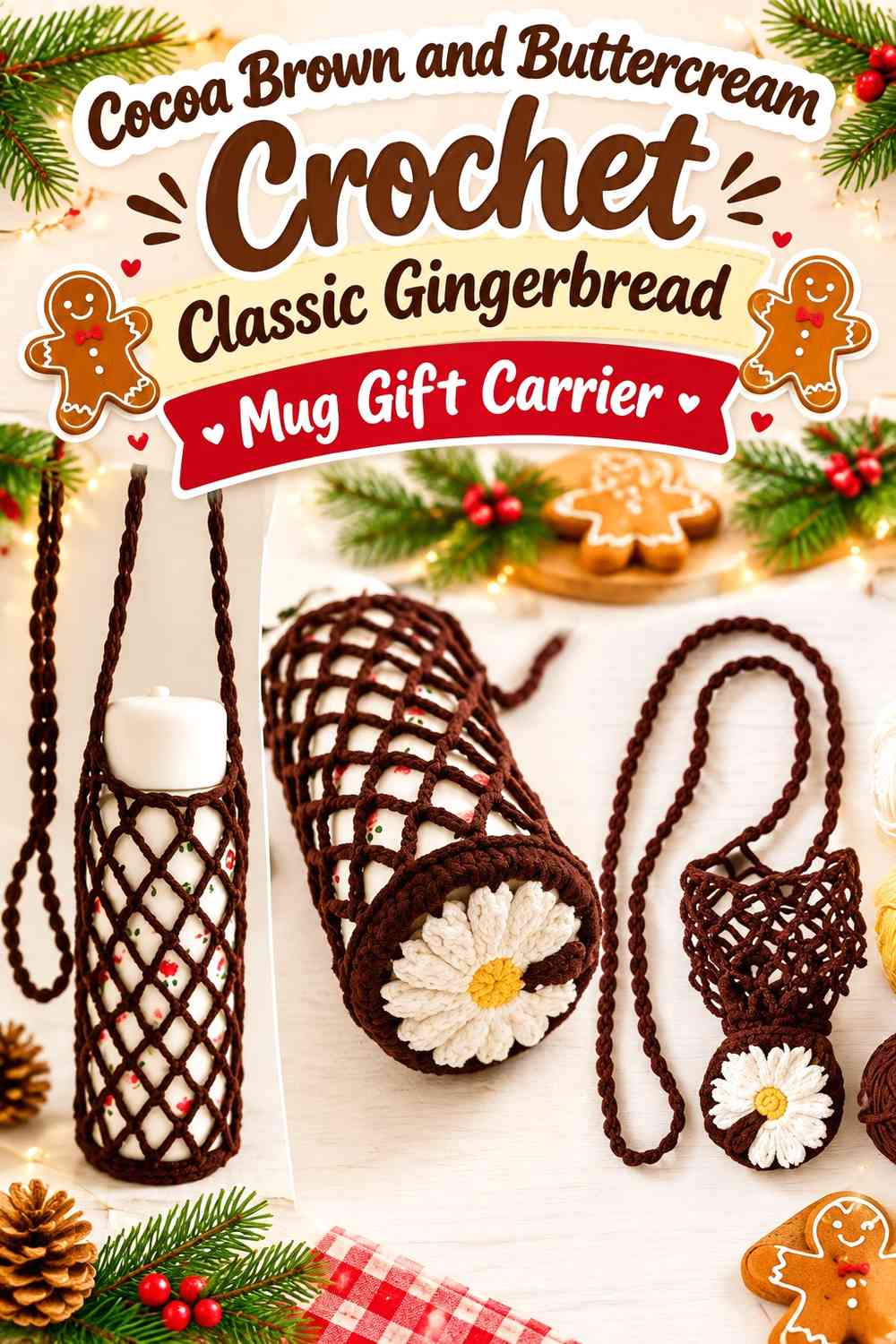 Cocoa Brown and Buttercream Crochet Classic Gingerbread Mug Gift Carrier