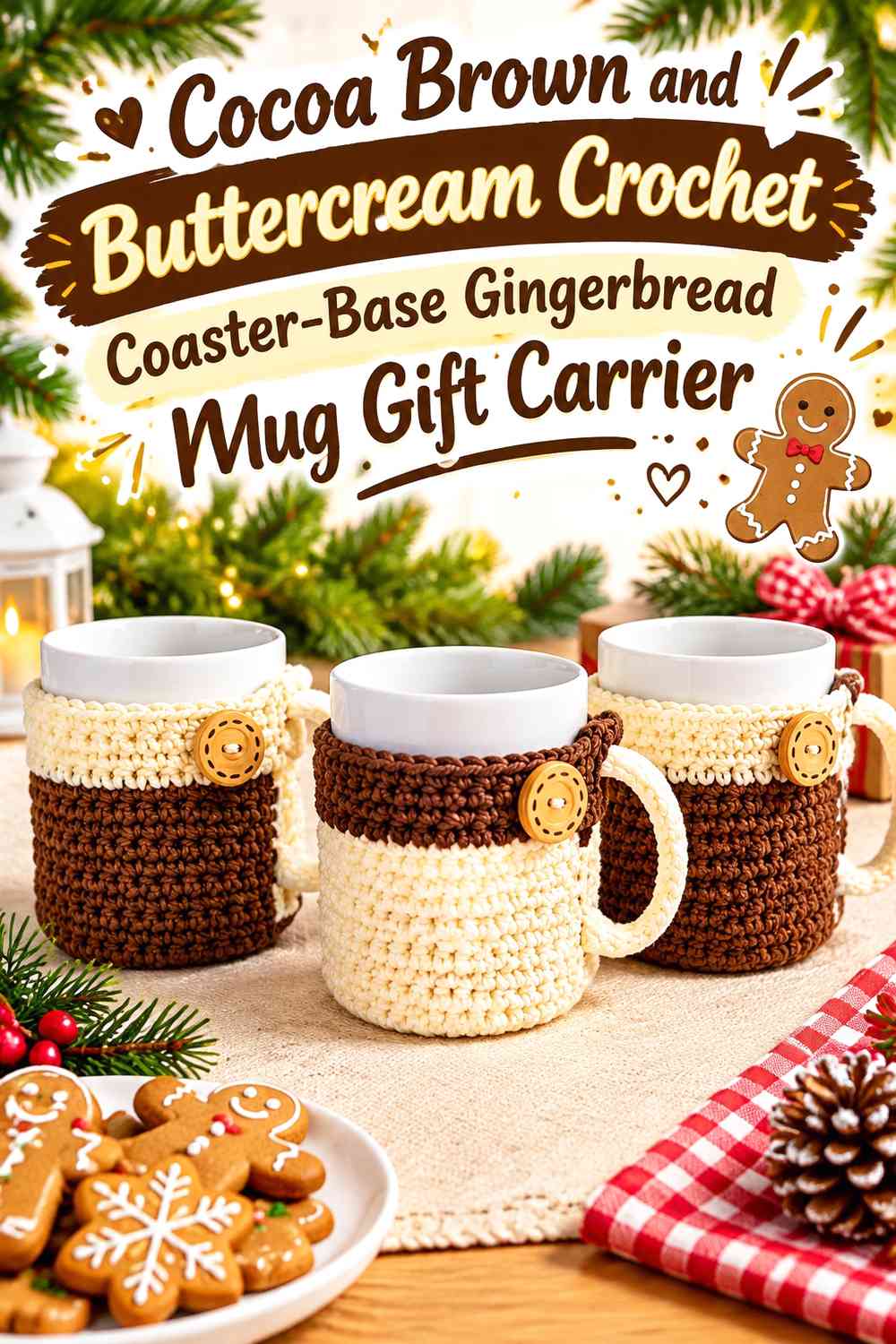 Cocoa Brown and Buttercream Crochet Coaster-Base Gingerbread Mug Gift Carrier