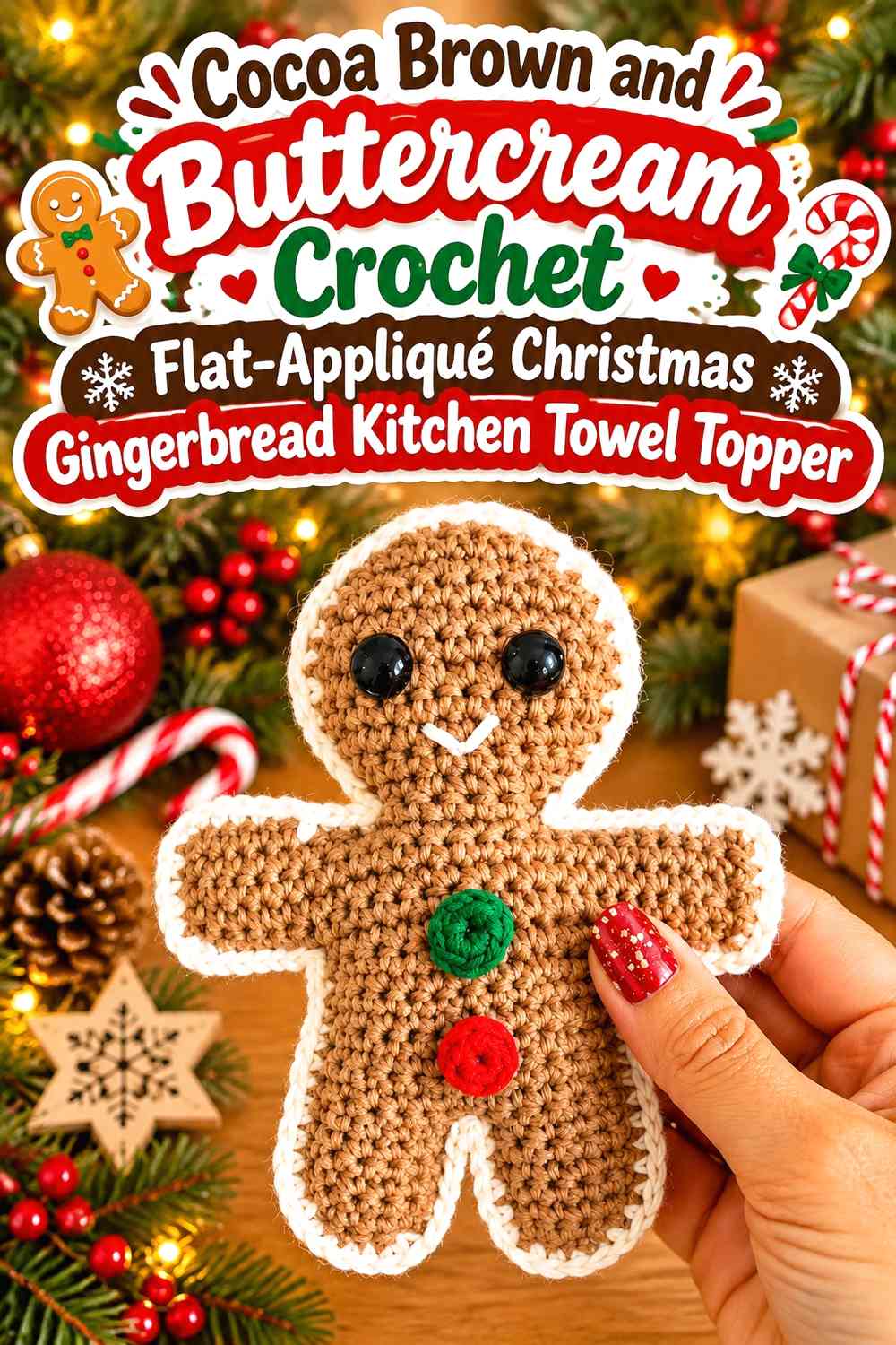 Cocoa Brown and Buttercream Crochet Flat-Appliqué Christmas Gingerbread Kitchen Towel Topper