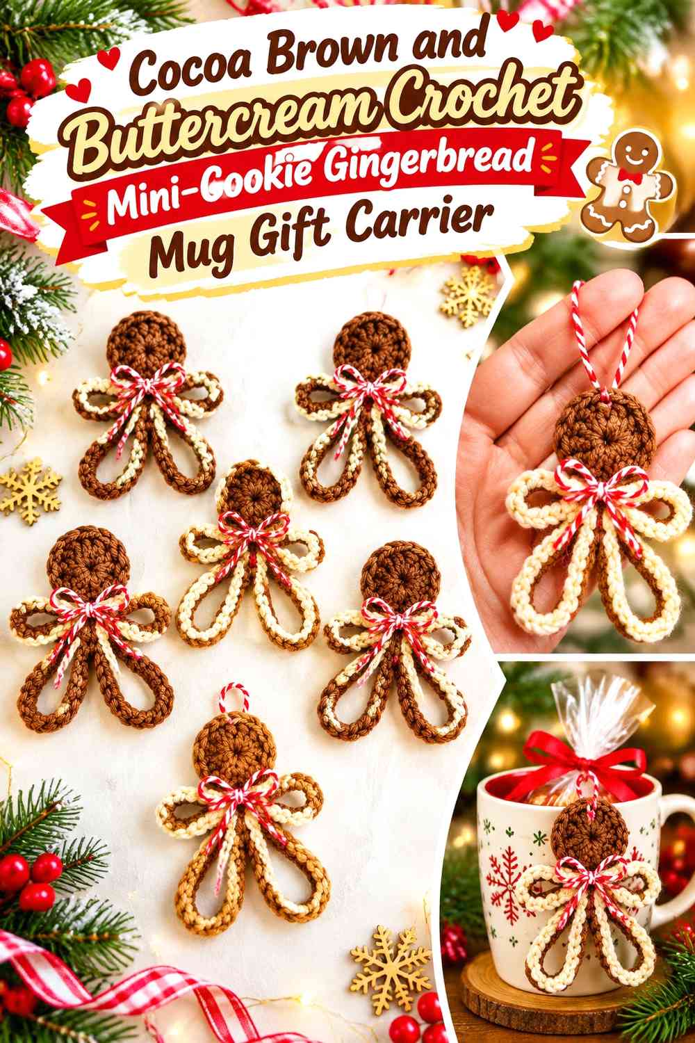 Cocoa Brown and Buttercream Crochet Mini-Cookie Gingerbread Mug Gift Carrier