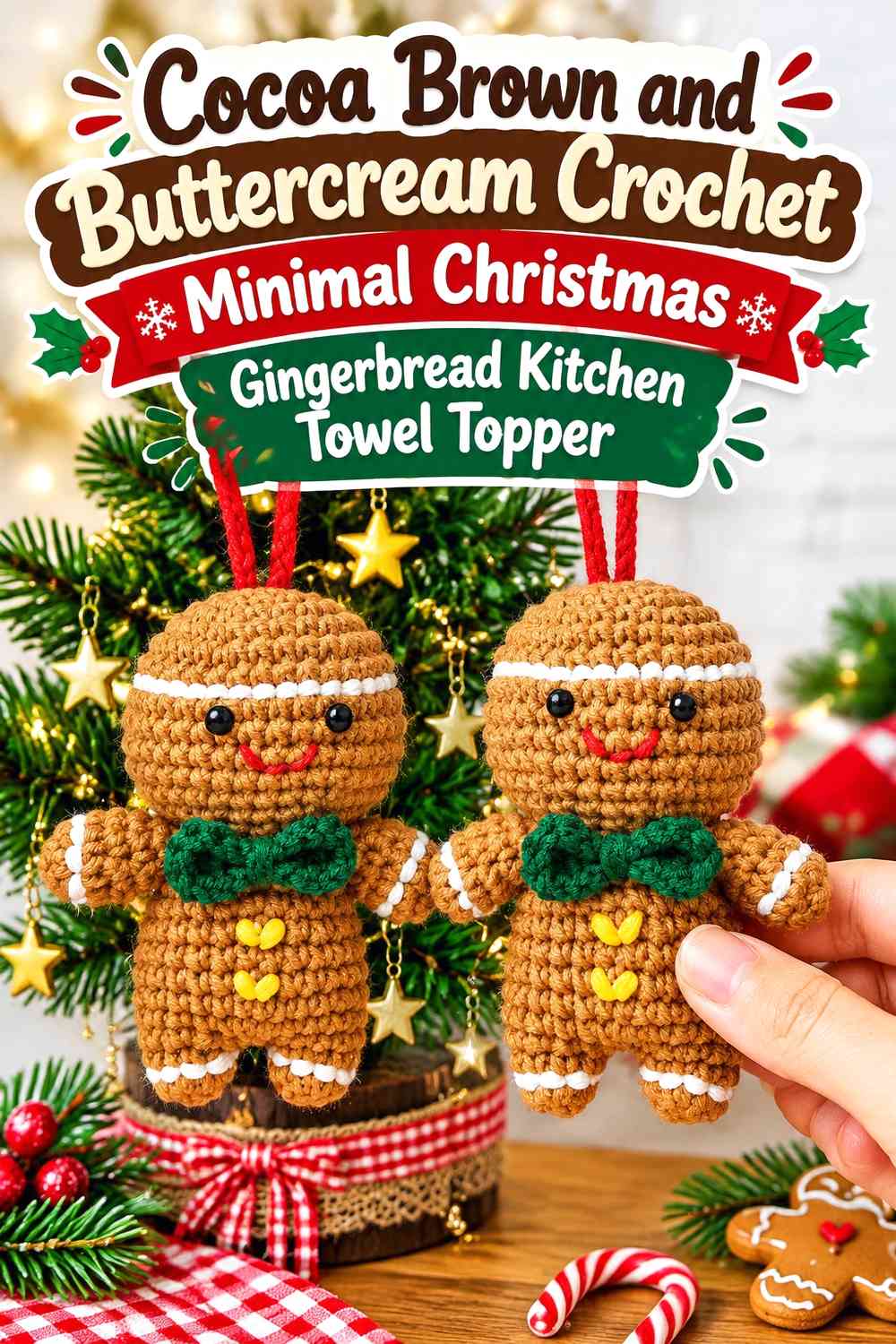 Cocoa Brown and Buttercream Crochet Minimal Christmas Gingerbread Kitchen Towel Topper