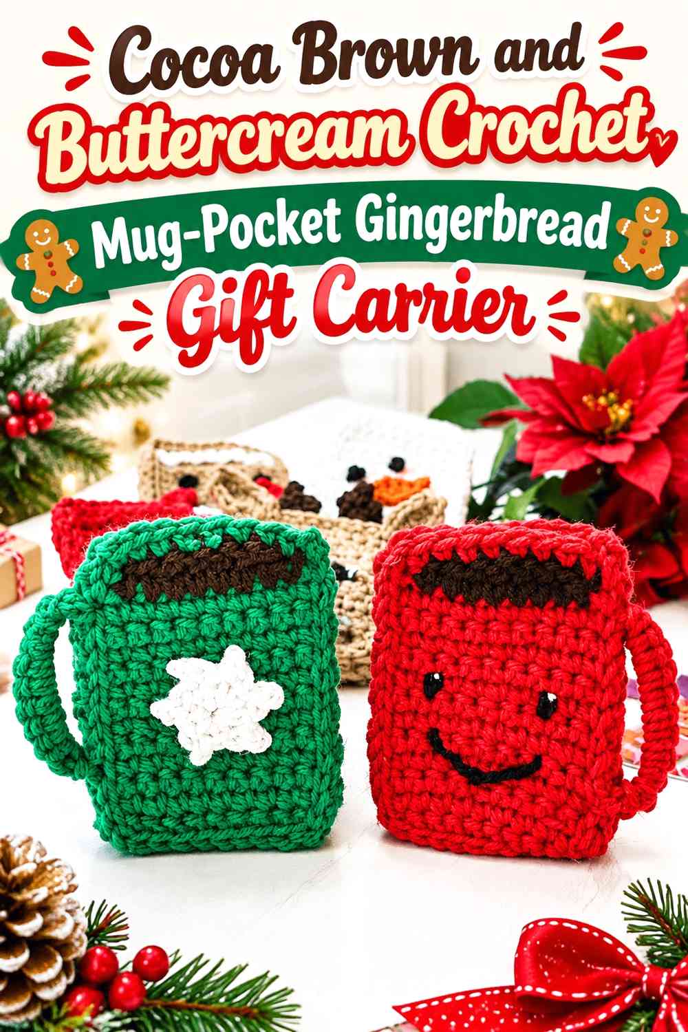 Cocoa Brown and Buttercream Crochet Mug-Pocket Gingerbread Gift Carrier
