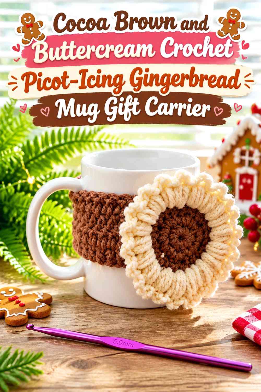 Cocoa Brown and Buttercream Crochet Picot-Icing Gingerbread Mug Gift Carrier