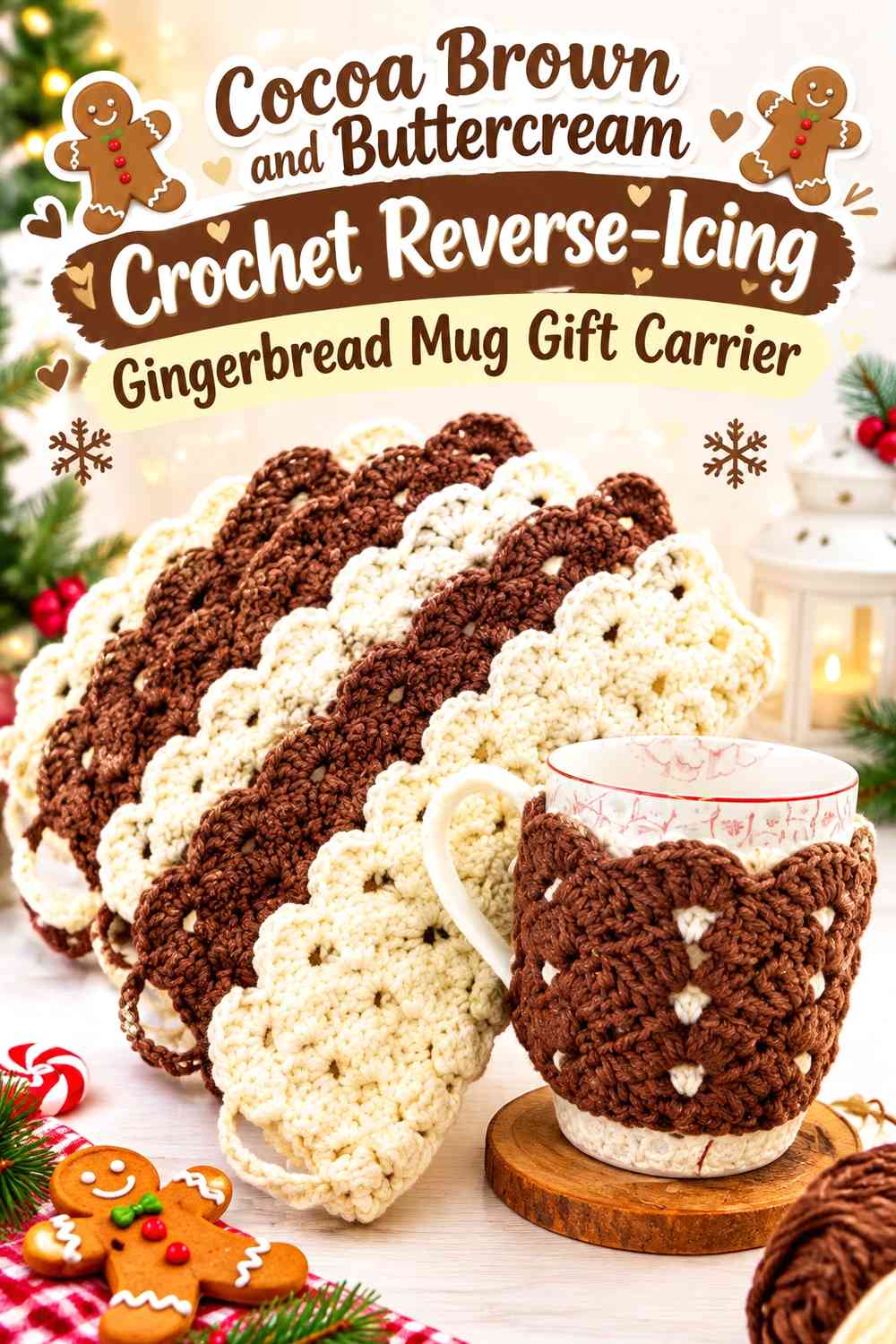 Cocoa Brown and Buttercream Crochet Reverse-Icing Gingerbread Mug Gift Carrier
