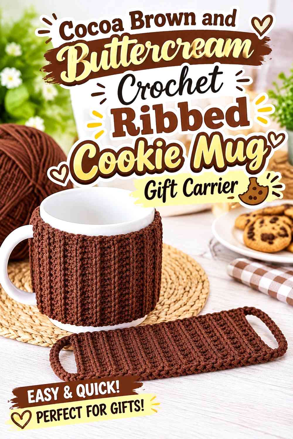 Cocoa Brown and Buttercream Crochet Ribbed Cookie Mug Gift Carrier