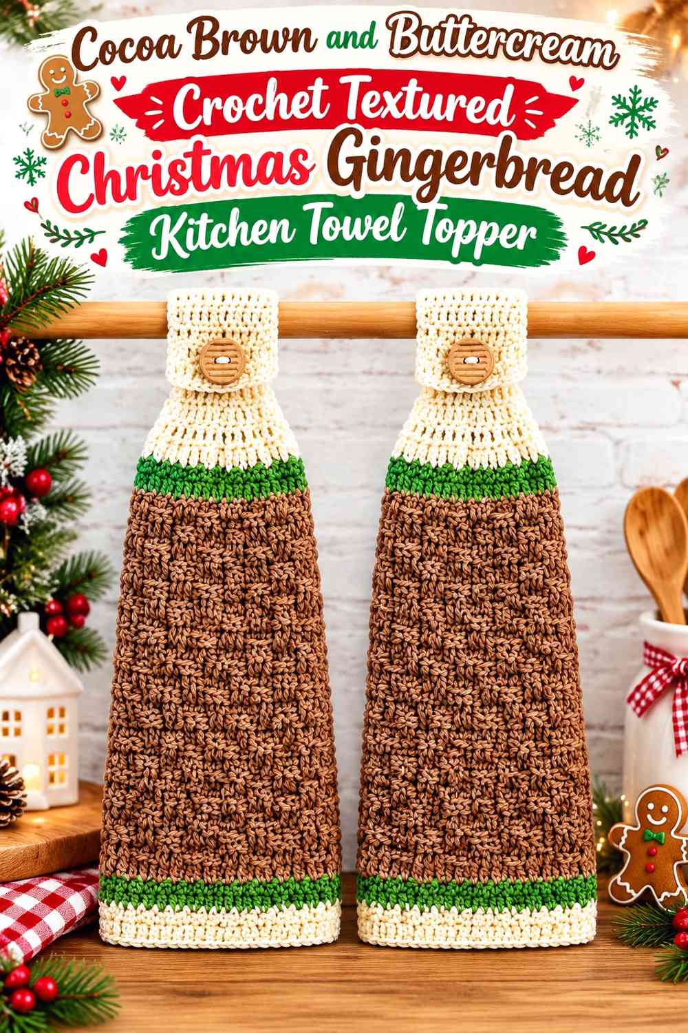 Cocoa Brown and Buttercream Crochet Textured Christmas Gingerbread Kitchen Towel Topper