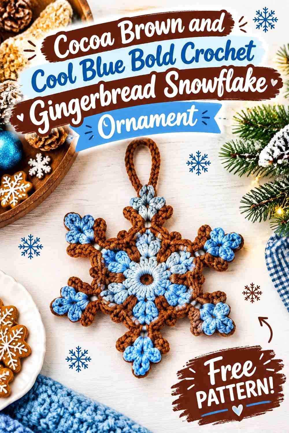 Cocoa Brown and Cool Blue Bold Crochet Gingerbread Snowflake Ornament