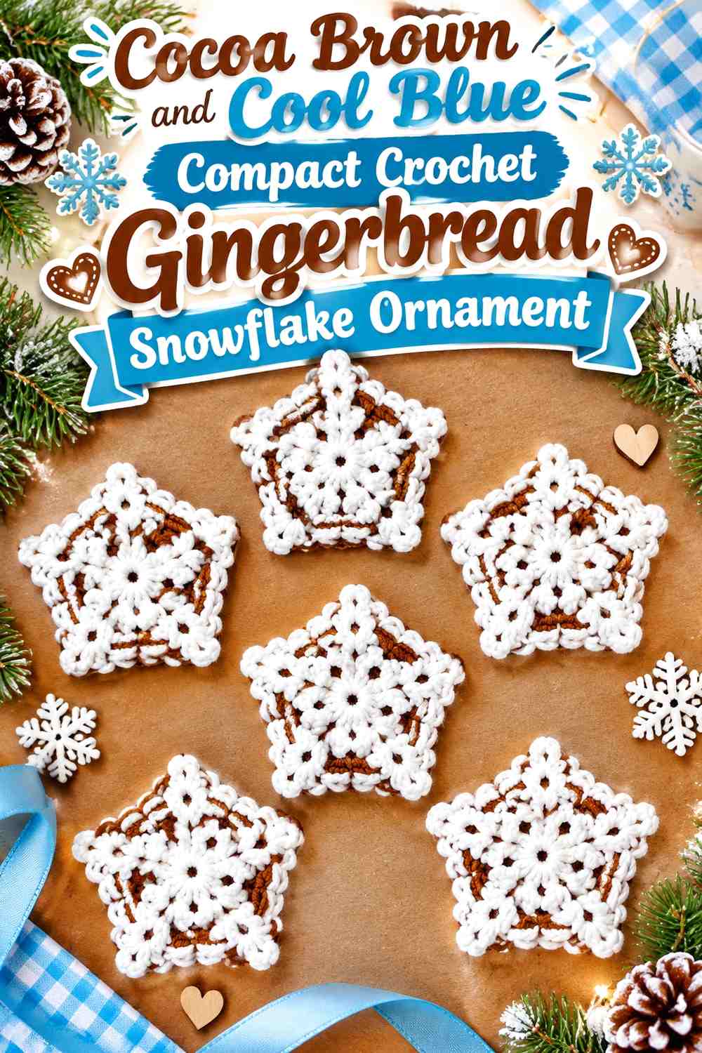Cocoa Brown and Cool Blue Compact Crochet Gingerbread Snowflake Ornament