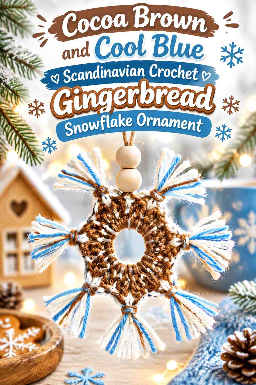 Cocoa Brown and Cool Blue Scandinavian Crochet Gingerbread Snowflake Ornament
