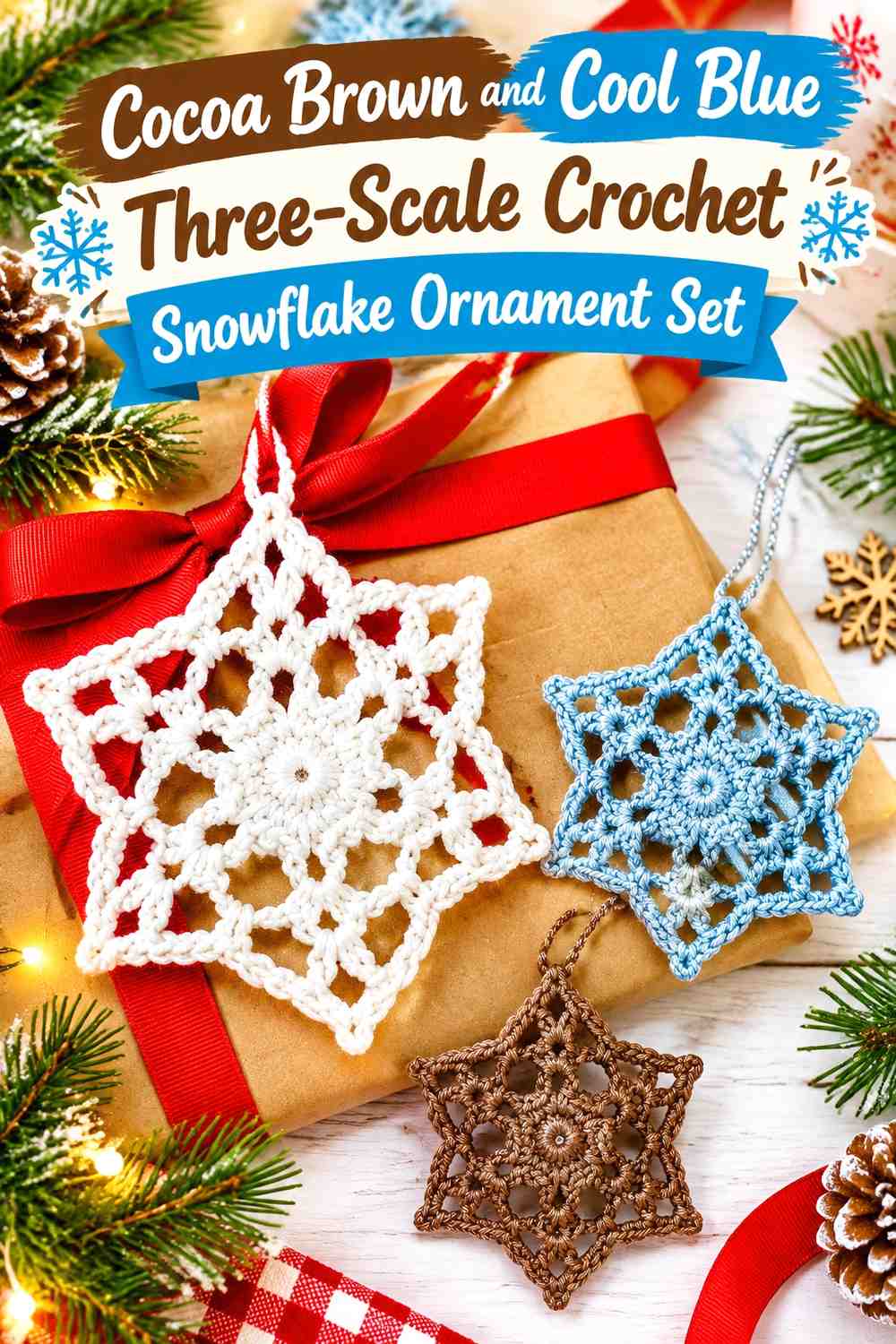 Cocoa Brown and Cool Blue Three-Scale Crochet Snowflake Ornament Set