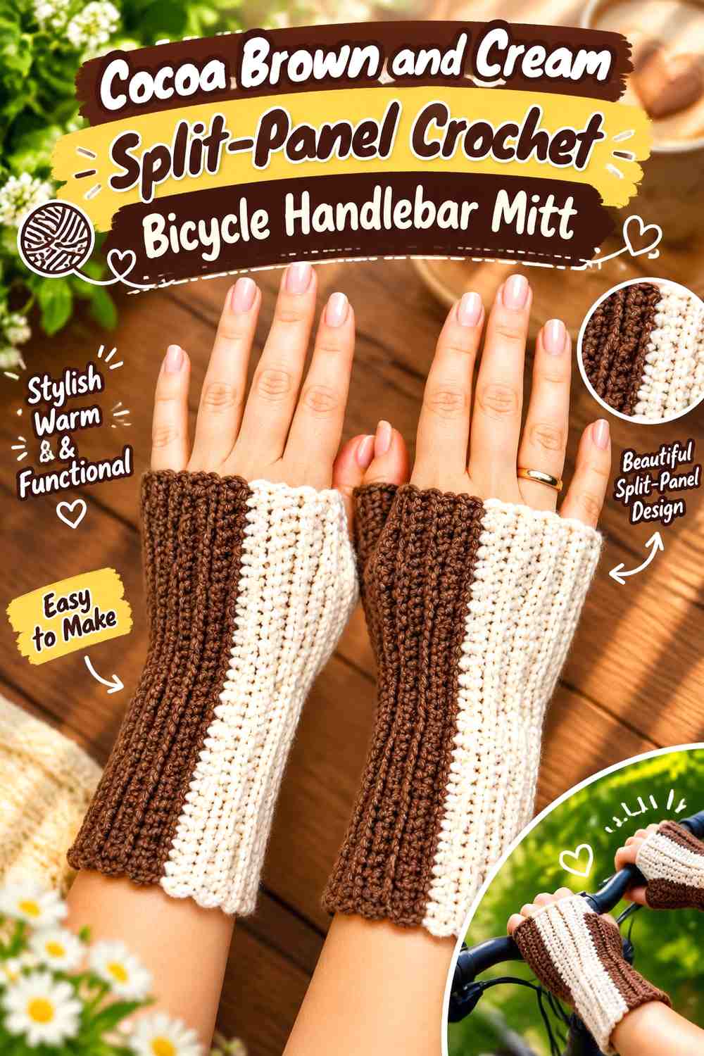 Cocoa Brown and Cream Split-Panel Crochet Bicycle Handlebar Mitt
