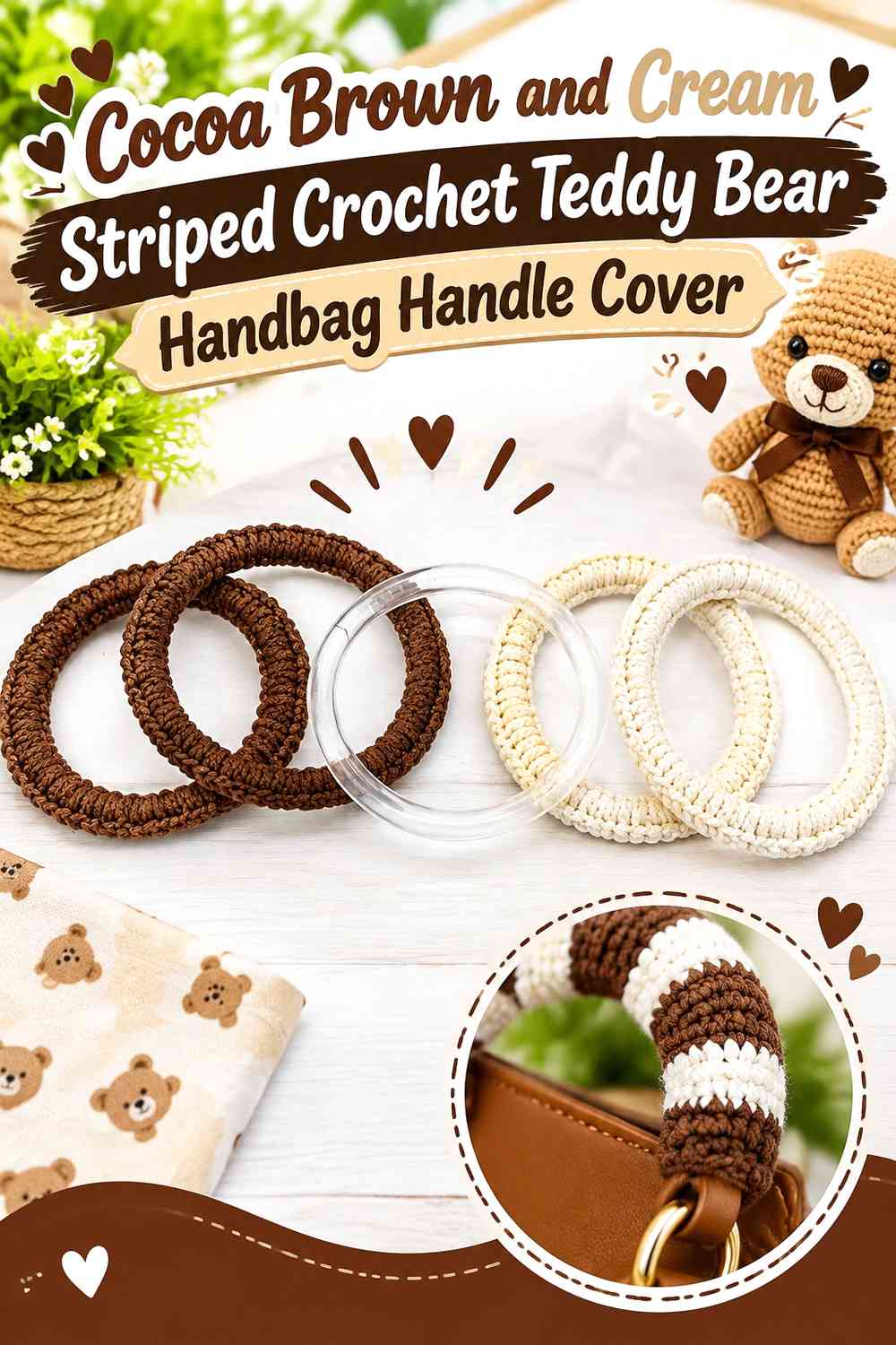 Cocoa Brown and Cream Striped Crochet Teddy Bear Handbag Handle Cover
