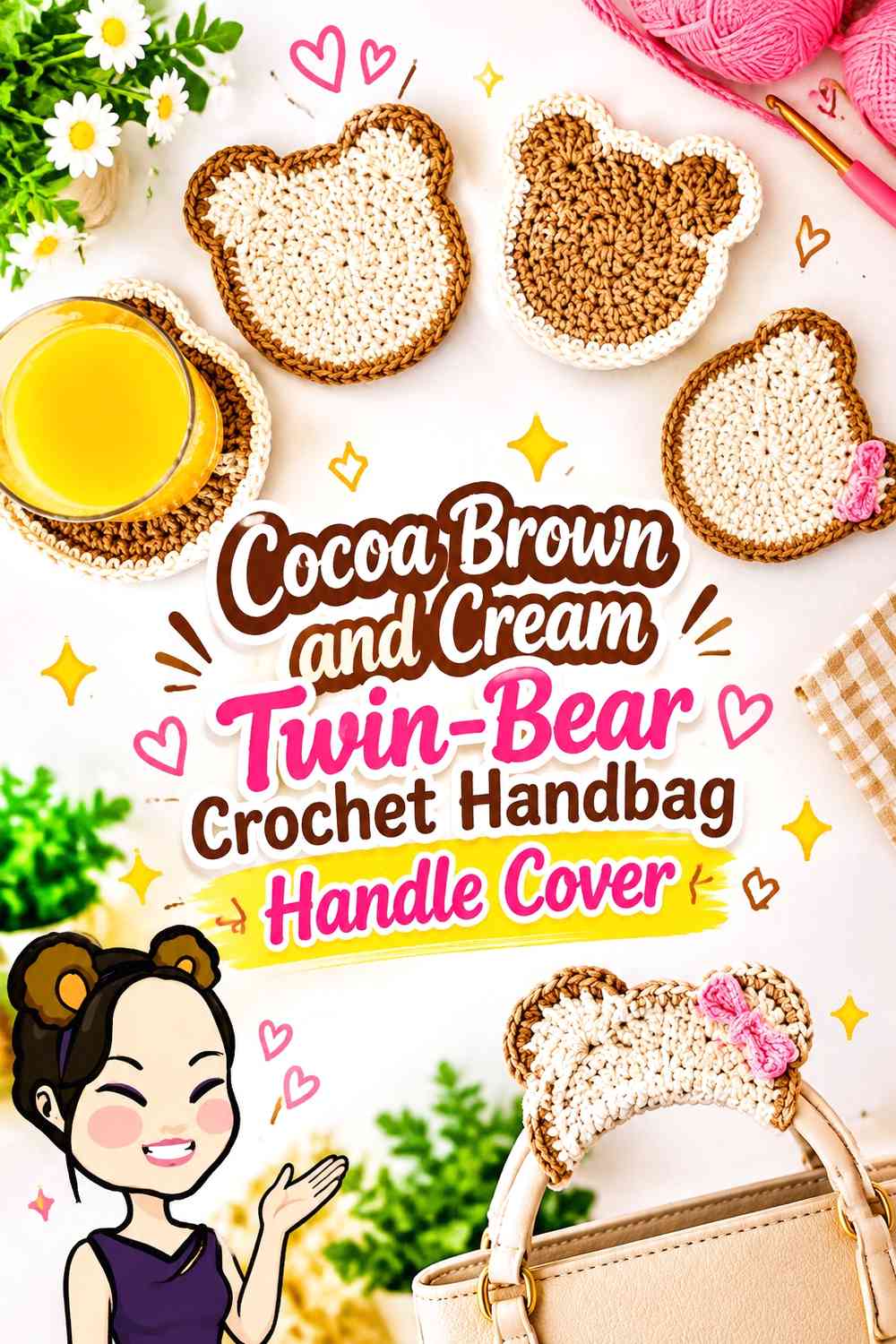 Cocoa Brown and Cream Twin-Bear Crochet Handbag Handle Cover