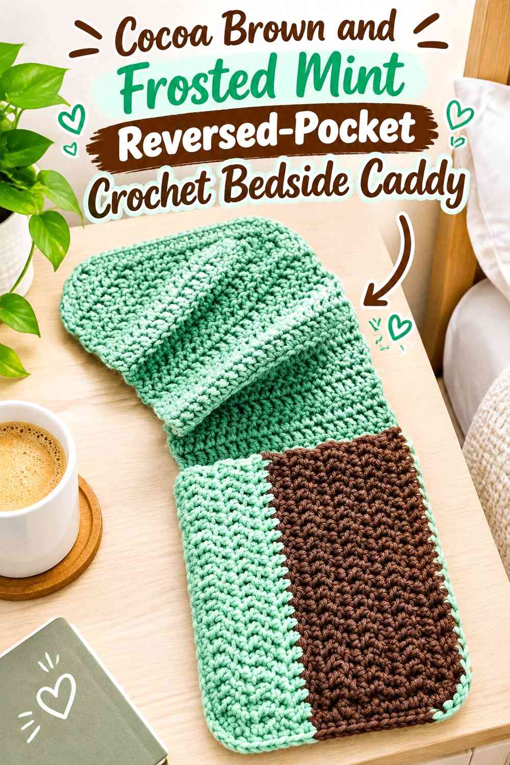 Cocoa Brown and Frosted Mint Reversed-Pocket Crochet Bedside Caddy