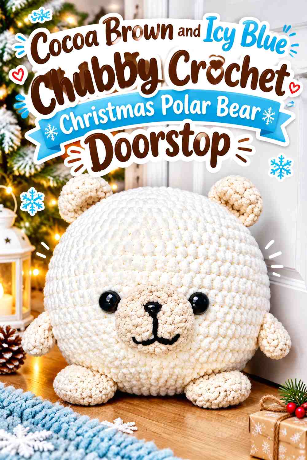 Cocoa Brown and Icy Blue Chubby Crochet Christmas Polar Bear Doorstop
