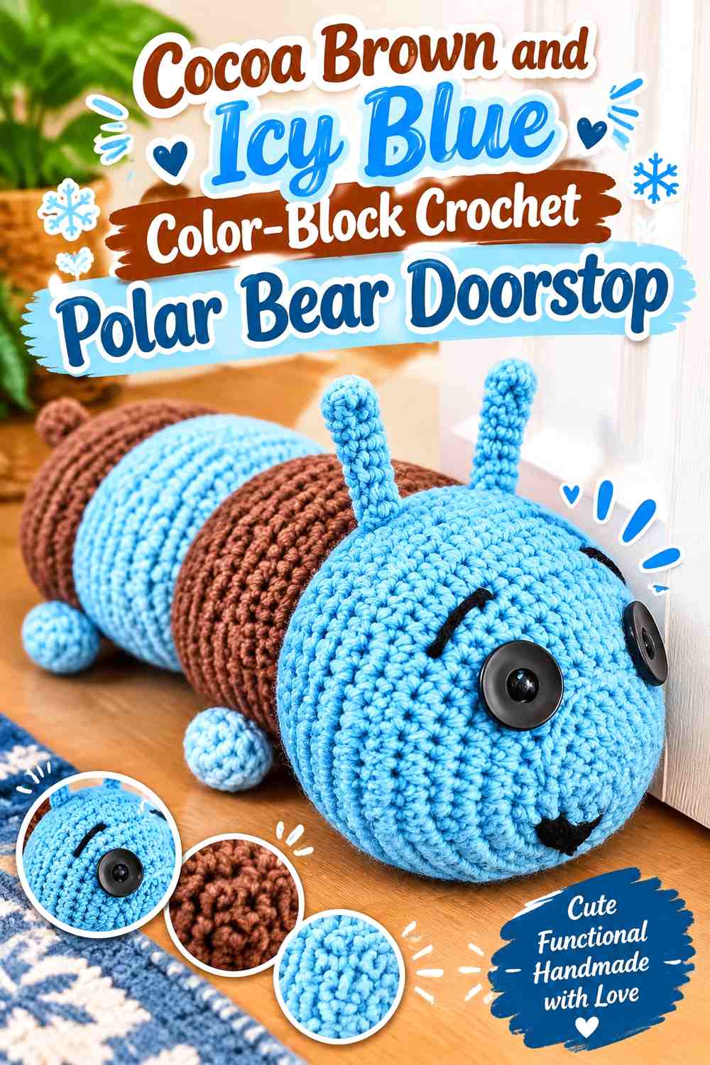 Cocoa Brown and Icy Blue Color-Block Crochet Polar Bear Doorstop