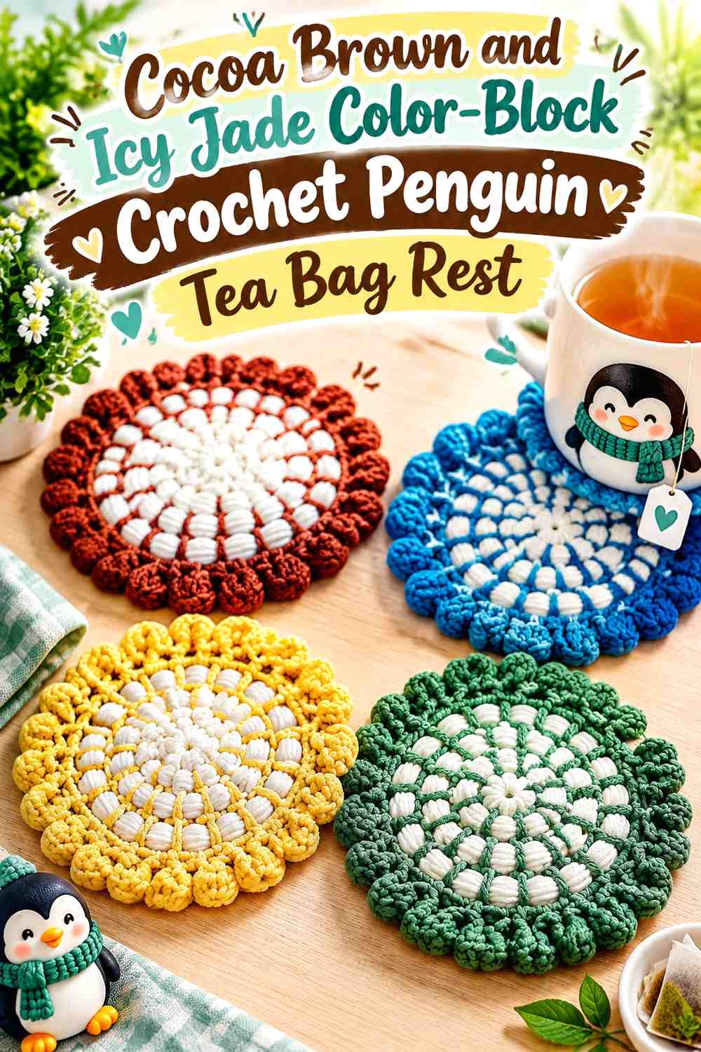 Cocoa Brown and Icy Jade Color-Block Crochet Penguin Tea Bag Rest